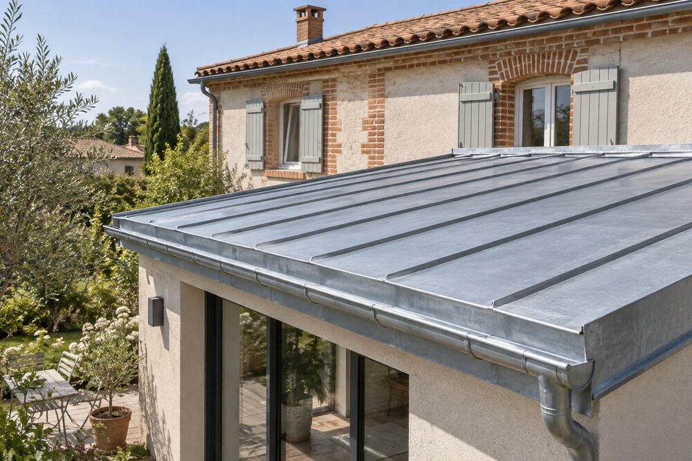Couverture en zinc à joint debout sur une extension