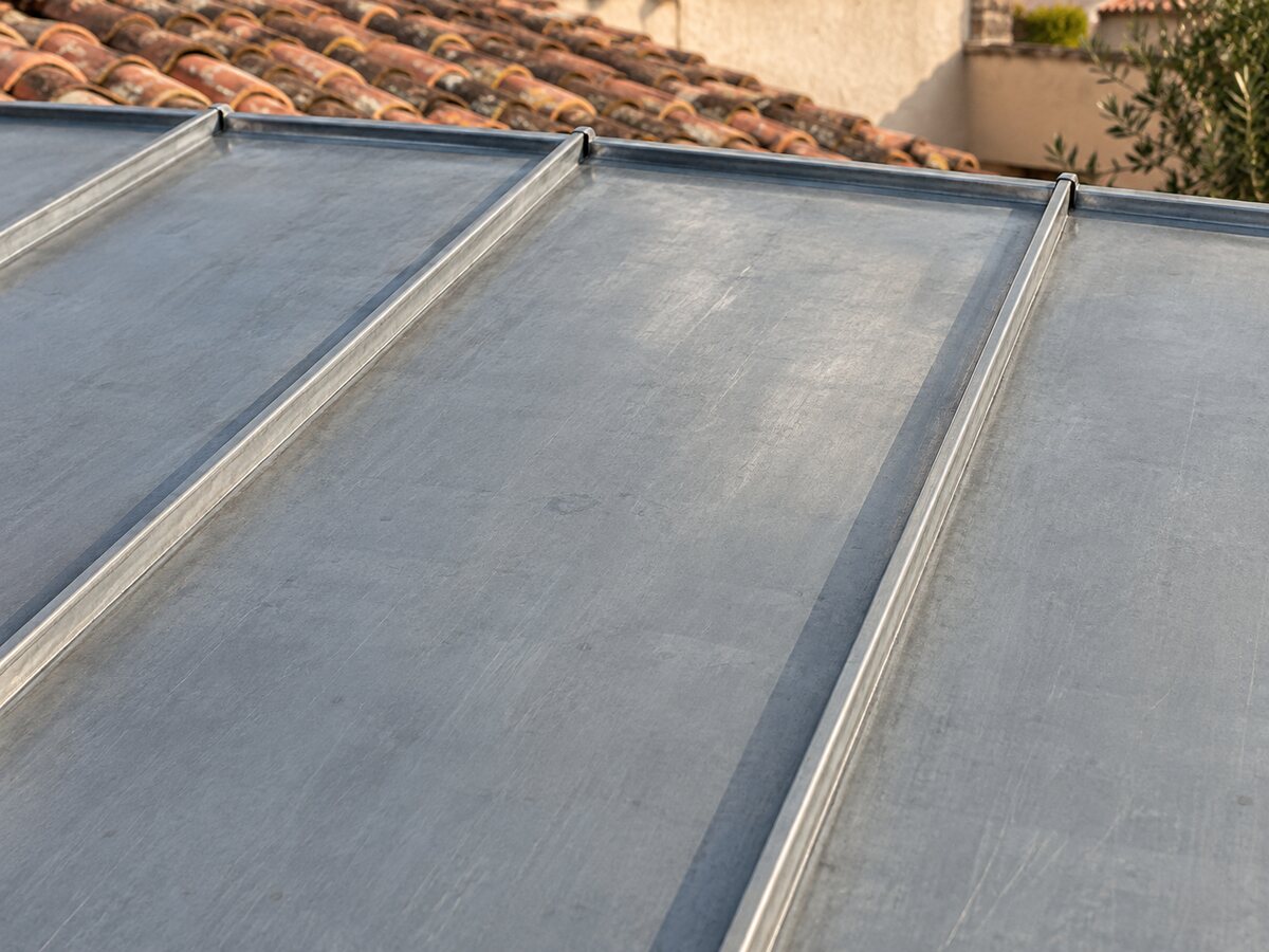Détail de joints debout en zinc, le long d'une toiture en tuiles canal