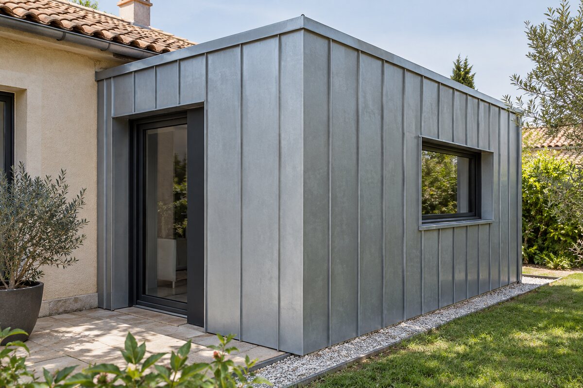 Habillage de façade en zinc à joint debout sur une extension de plain-pied