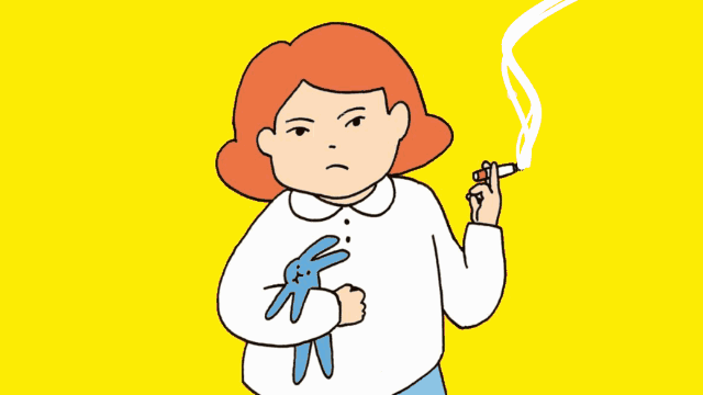 Ernestine, cigarette au bec, dans un nuage de fumée
