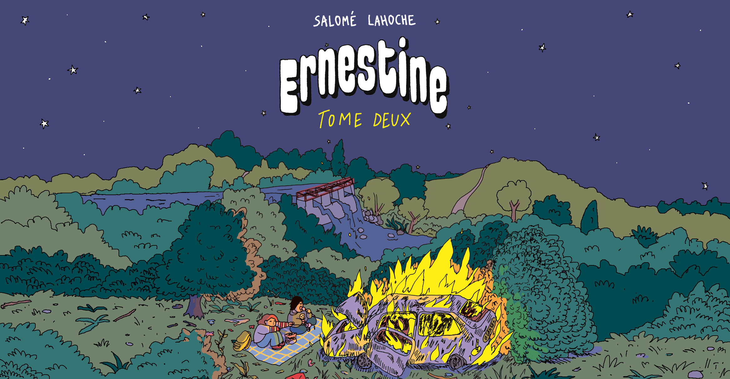 Ernestine et sa famille en pique-nique devant une voiture en flammes