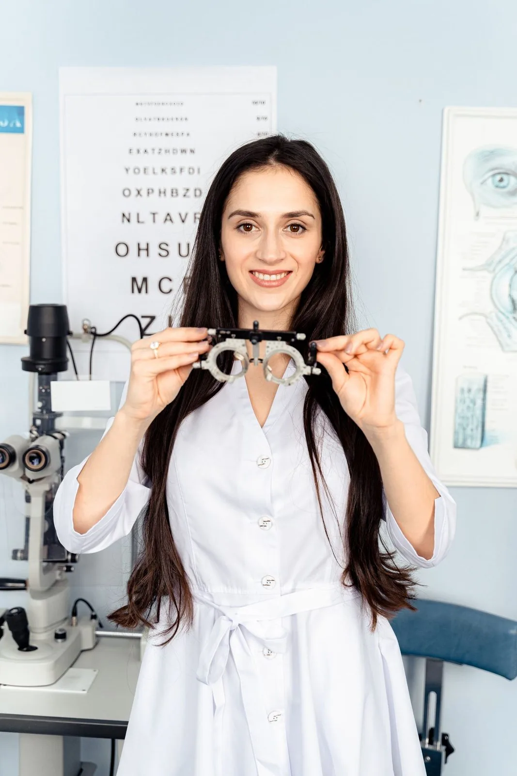 Opticienne souriante tenant une lunette d’essai dans la salle d’examen