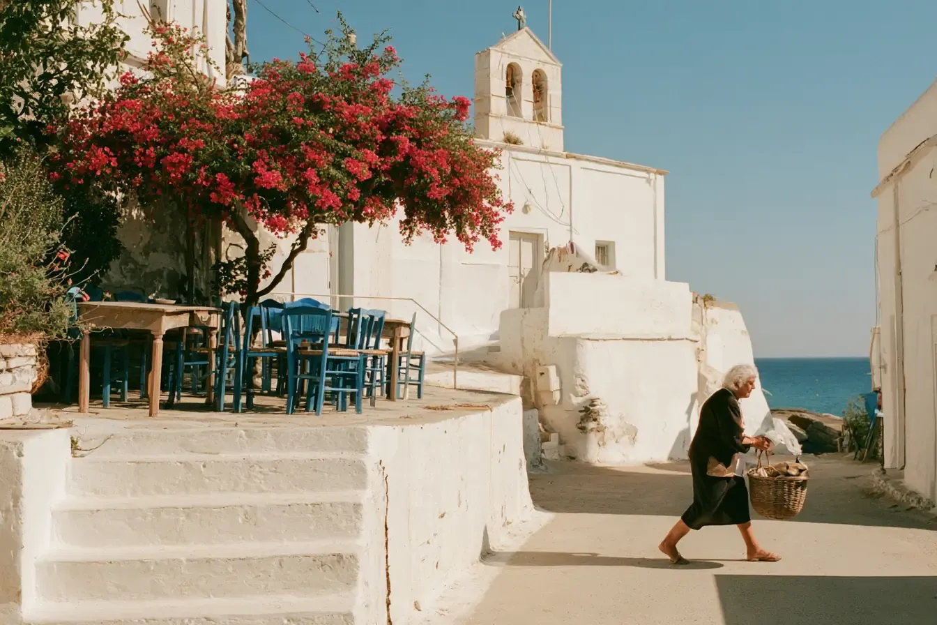 La place d’un village perché des Cyclades.