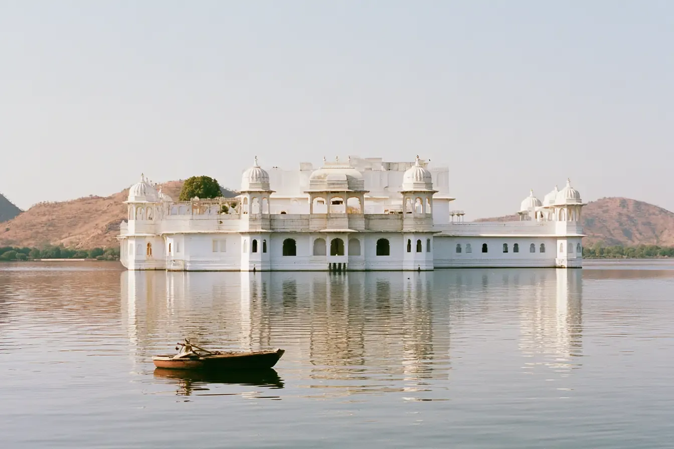 Un palais blanc posé sur un lac du Rajasthan