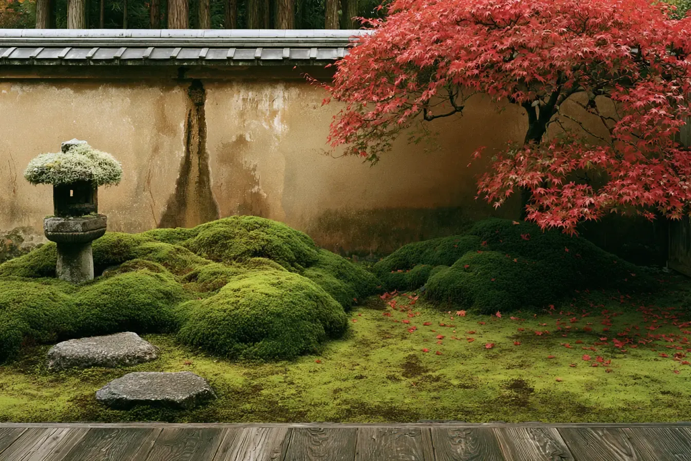Jardin de mousse d'un temple zen, à l'automne