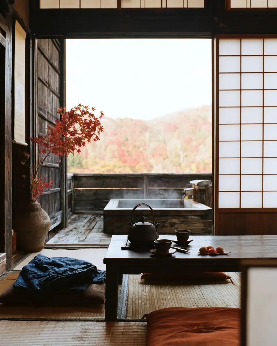 Une chambre de ryokan face aux érables