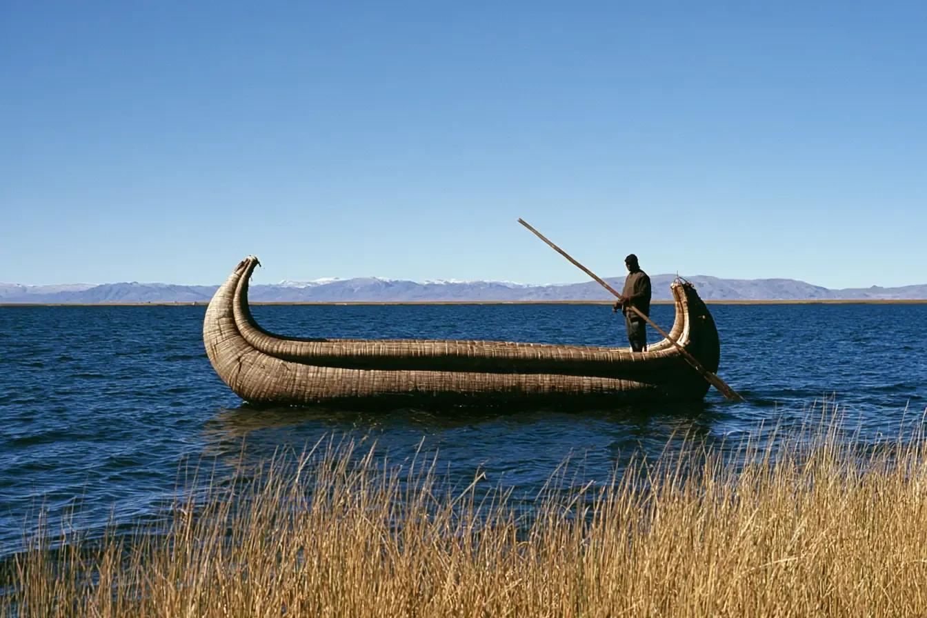 Un bateau de roseaux sur le lac Titicaca.