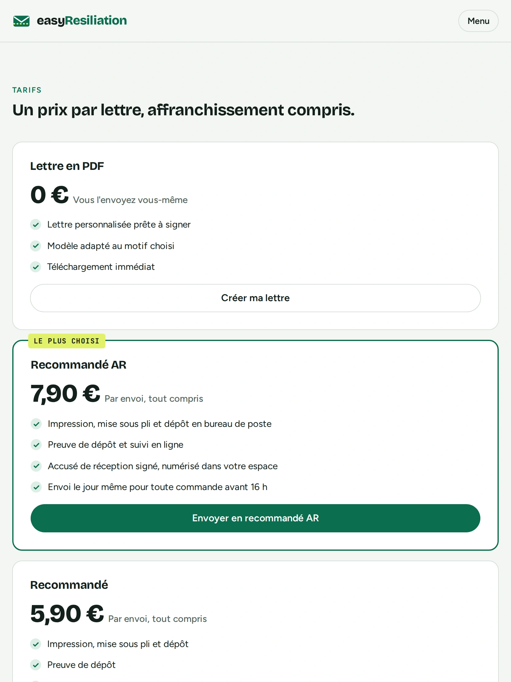 easyResiliation — Un prix par lettre, affranchissement… (tablette)