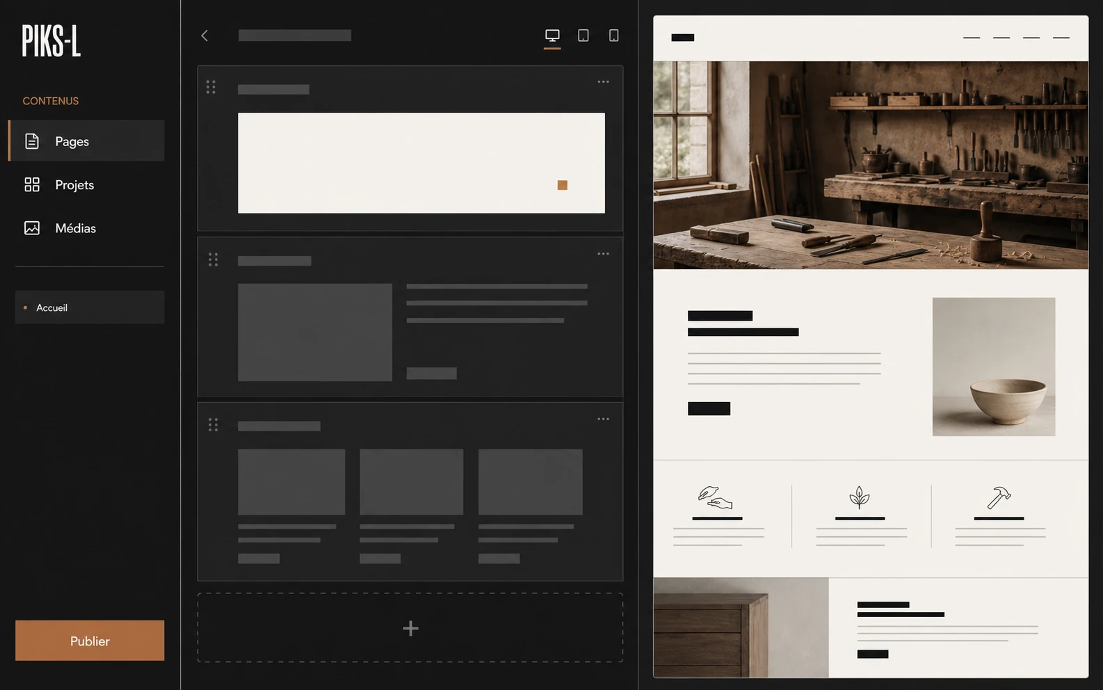 Interface imaginaire du CMS Piks-L avec éditeur de contenus et aperçu du site