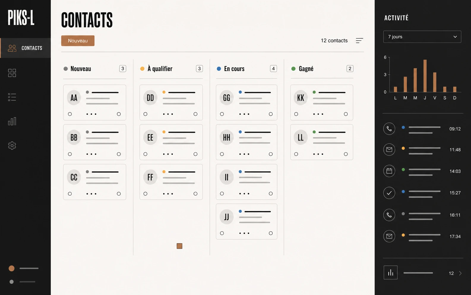 Interface imaginaire d’un CRM Piks-L organisé en colonnes de suivi
