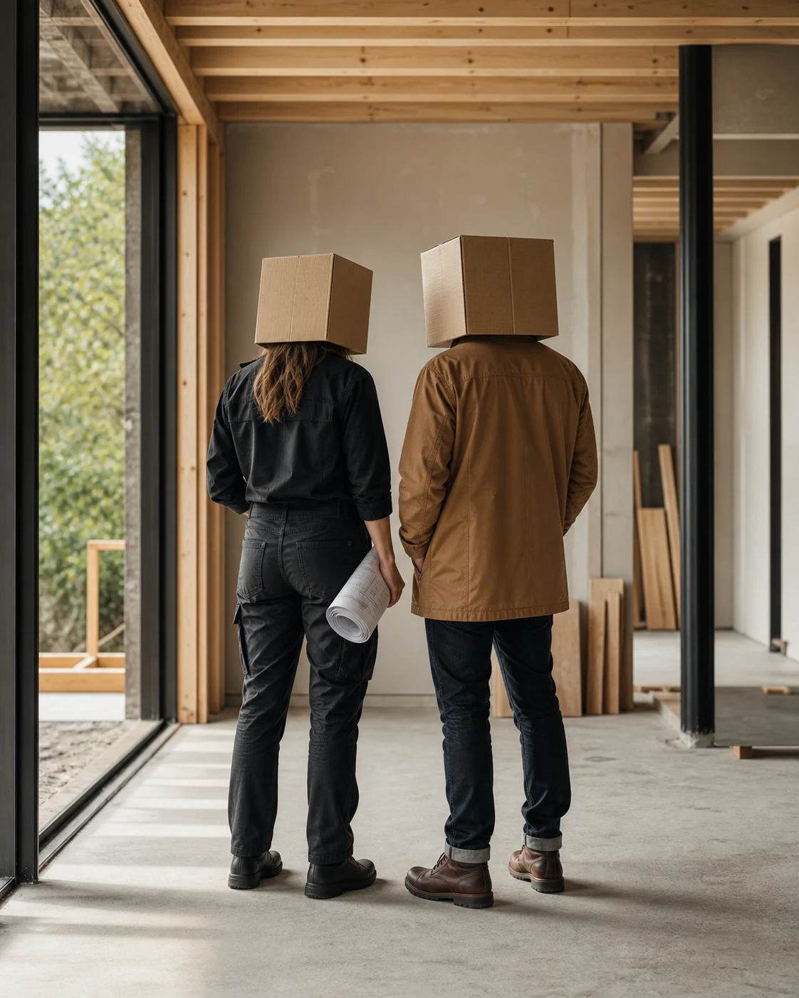 Une artisane et son client à tête de carton observent ensemble l’avancement d’un chantier