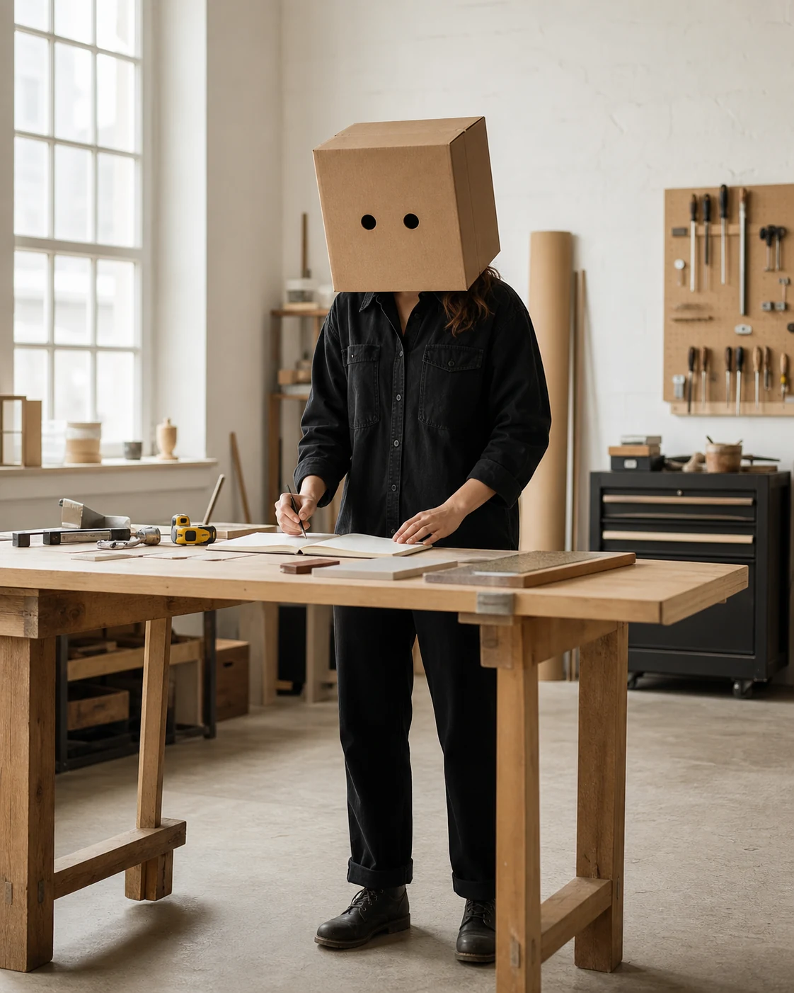 Une artisane à tête de carton organise son quotidien dans un atelier généraliste