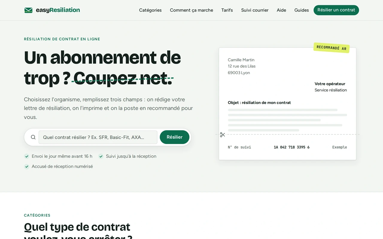 Page d'accueil du site easyResiliation