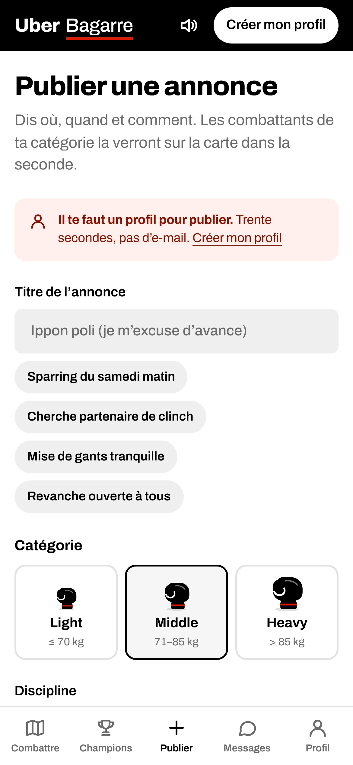 Uber Bagarre — Publier une annonce (téléphone)