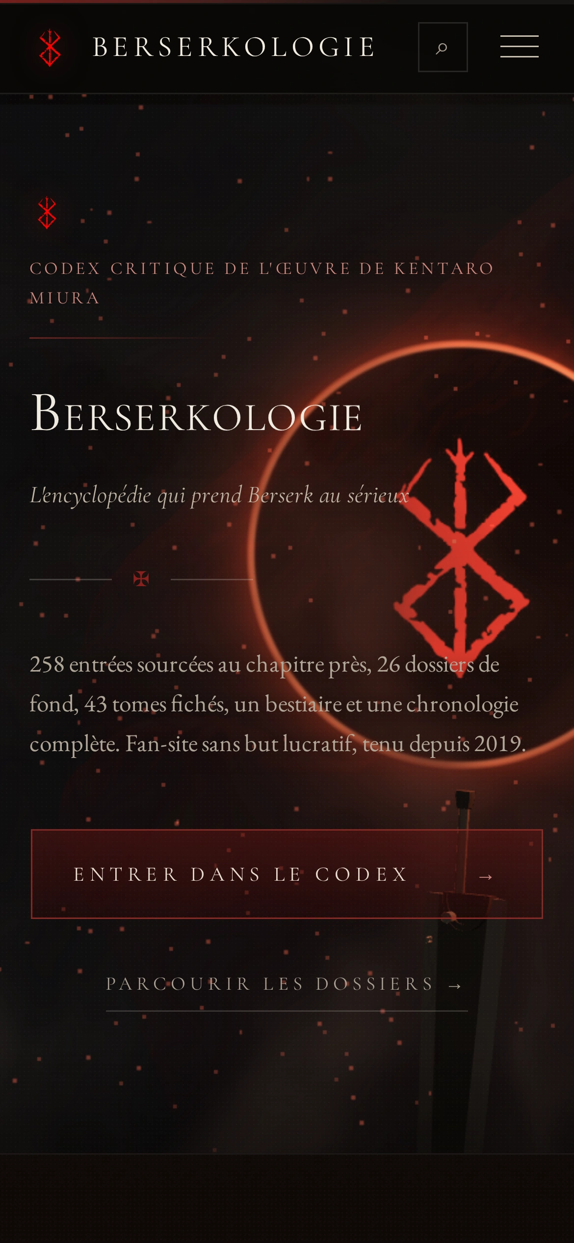 Berserkologie — Haut de la page d'accueil (téléphone)