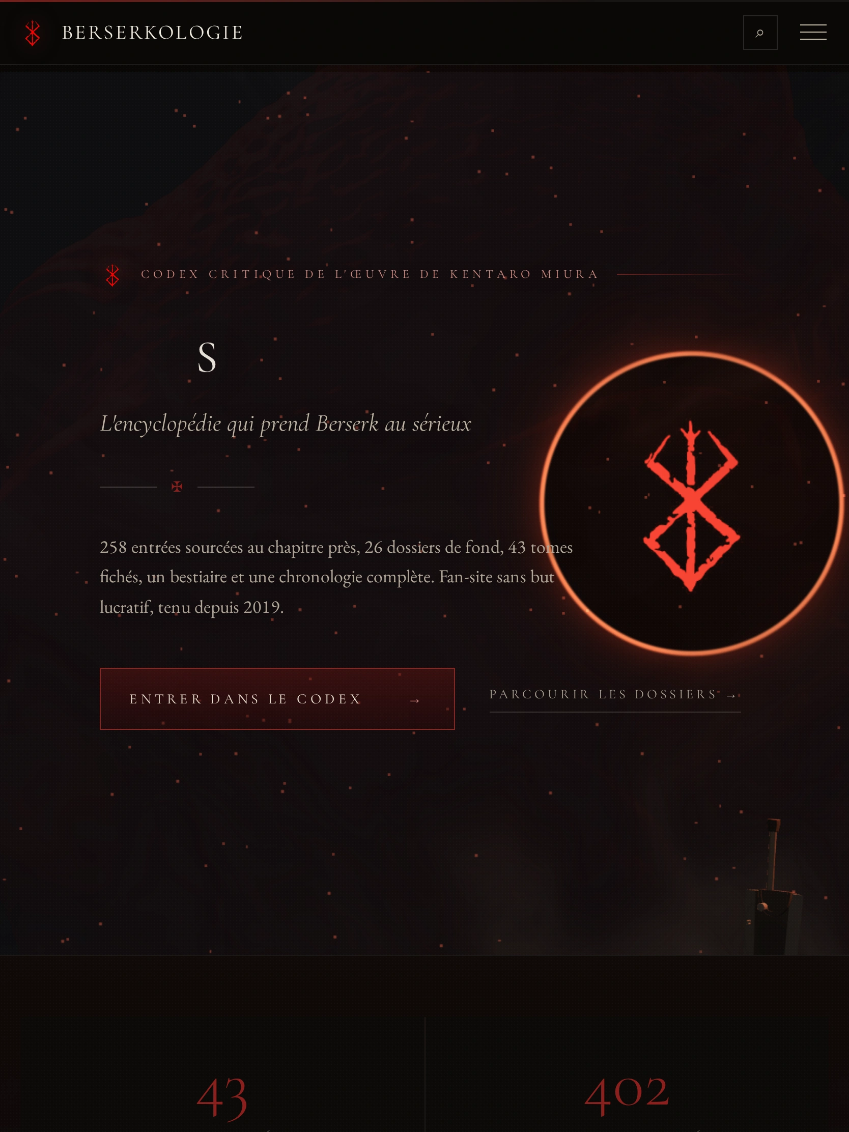 Berserkologie — Haut de la page d'accueil (tablette)