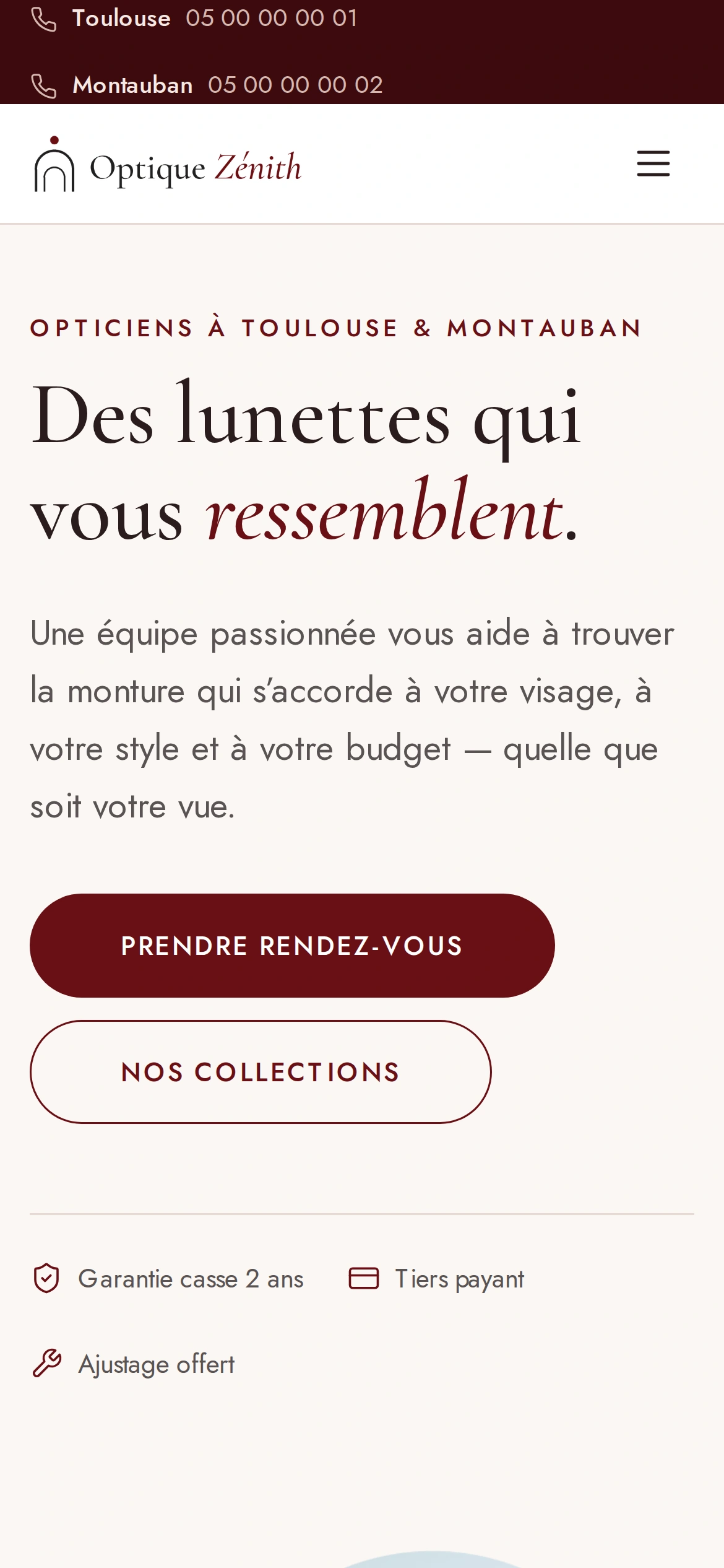 Optique Zénith — Haut de la page d'accueil (téléphone)
