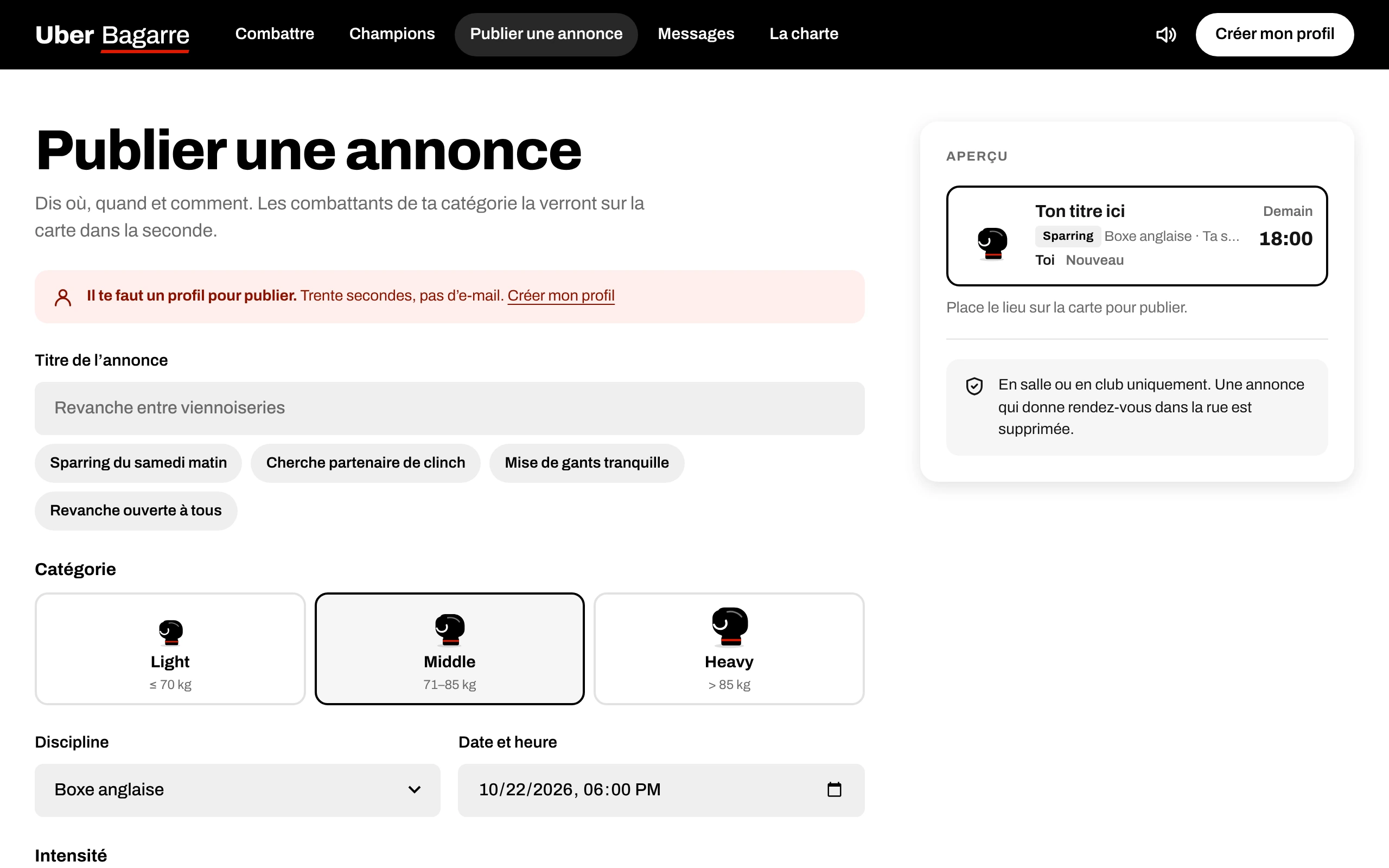 Uber Bagarre — Publier une annonce (écran)