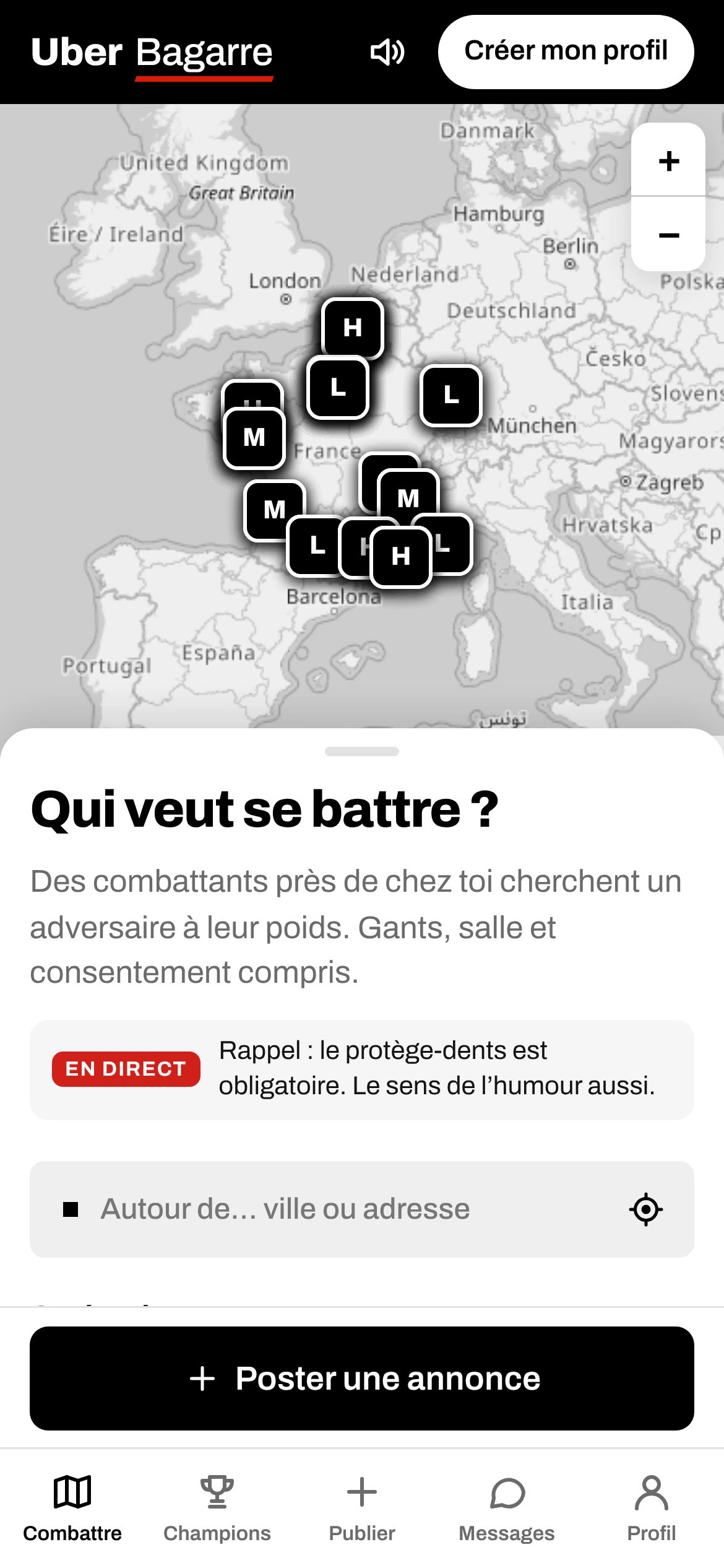 Uber Bagarre — Haut de la page d’accueil (téléphone)