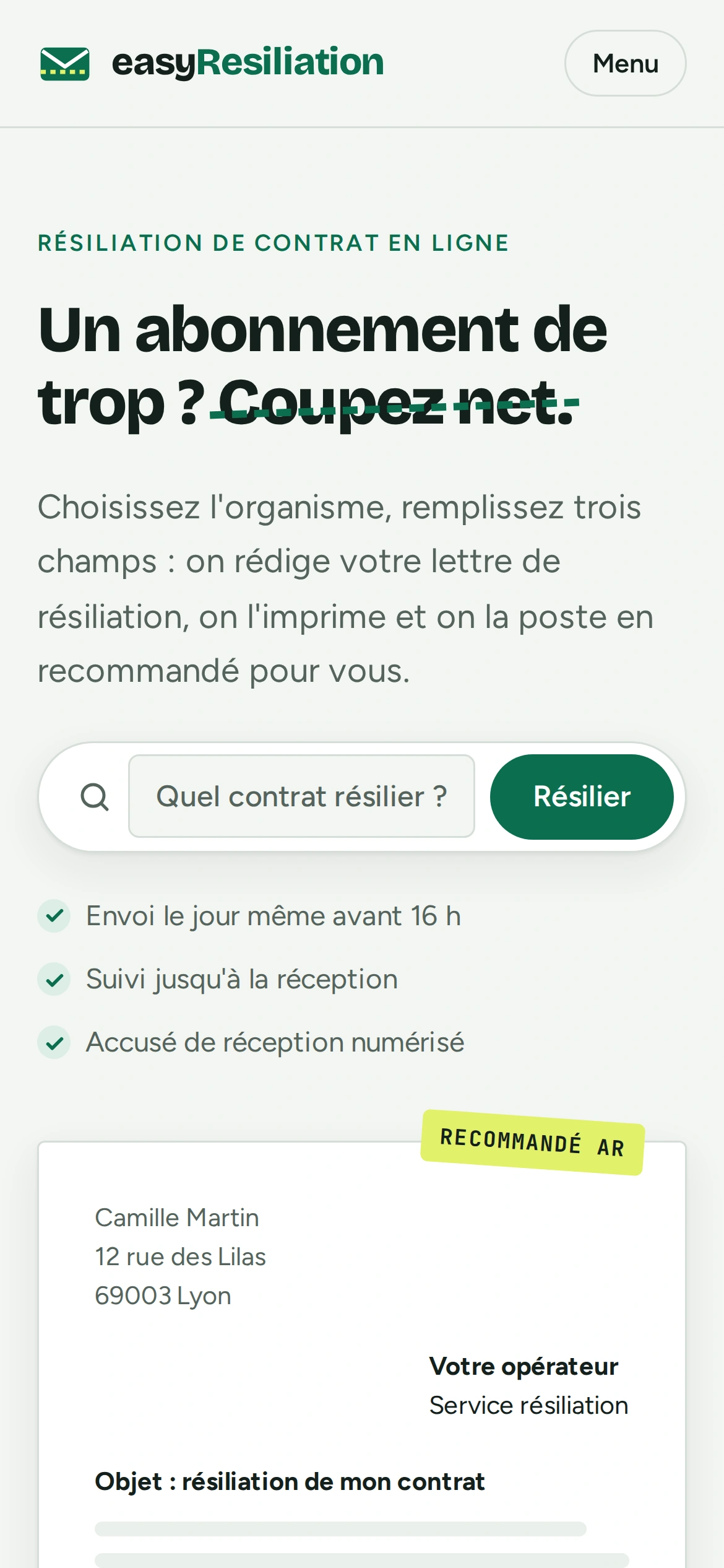 easyResiliation — Haut de la page d'accueil (téléphone)