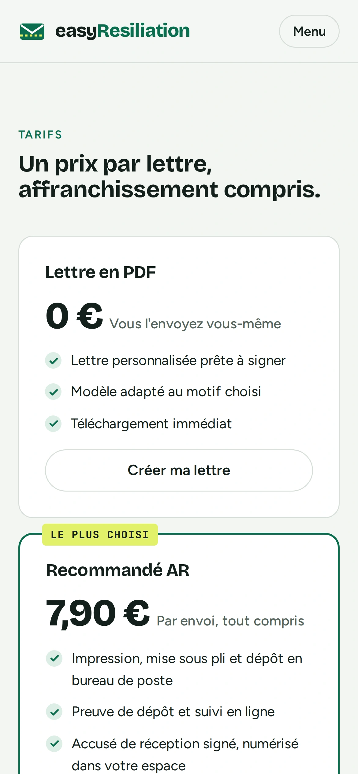easyResiliation — Un prix par lettre, affranchissement… (téléphone)
