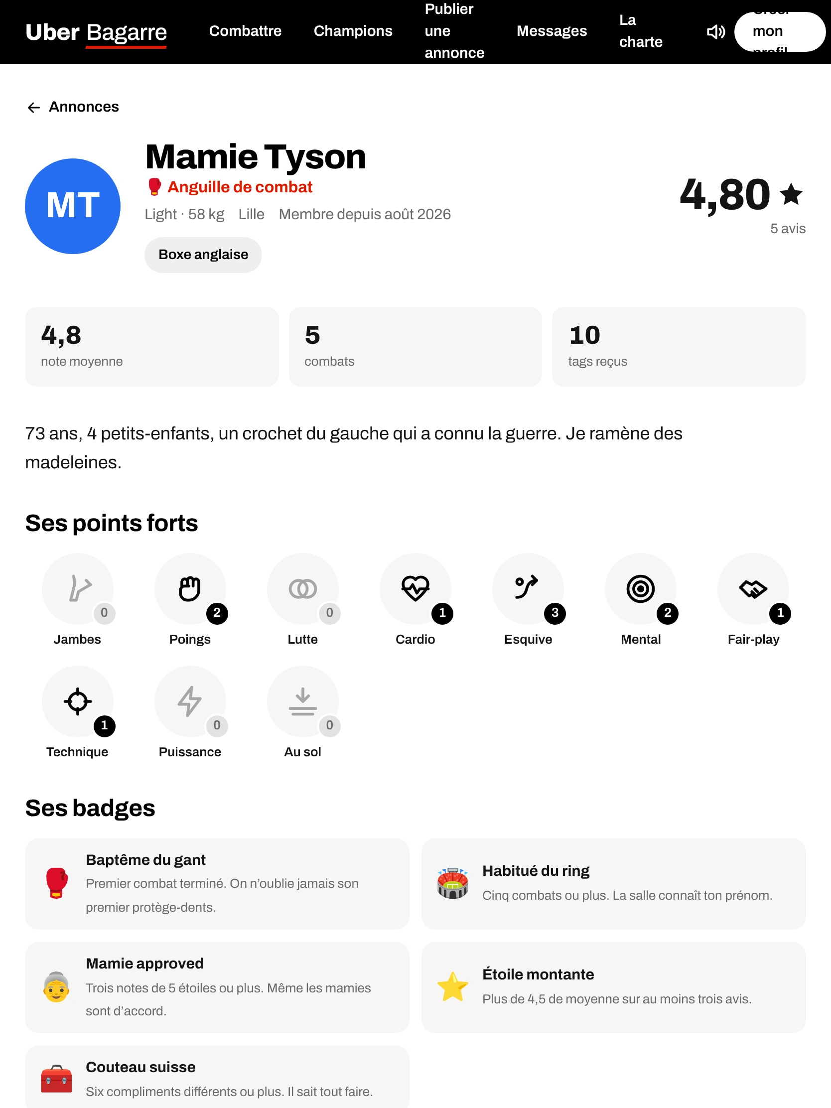 Uber Bagarre — Le profil d’un combattant (tablette)
