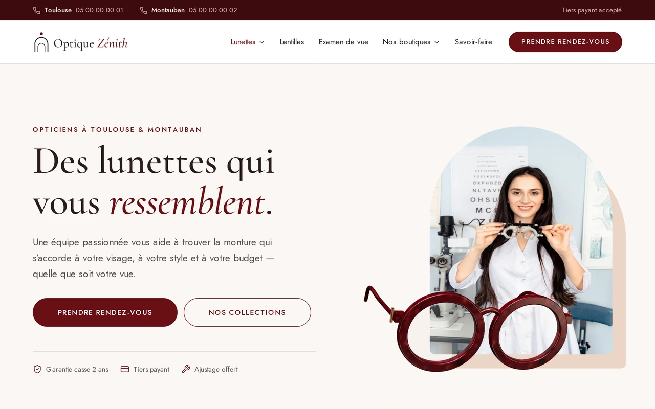 Page d'accueil du site Optique Zénith