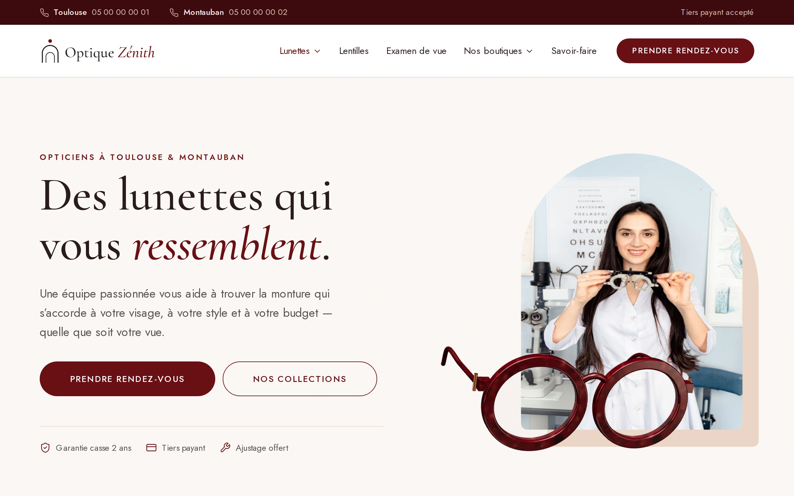 Page d'accueil du site Optique Zénith