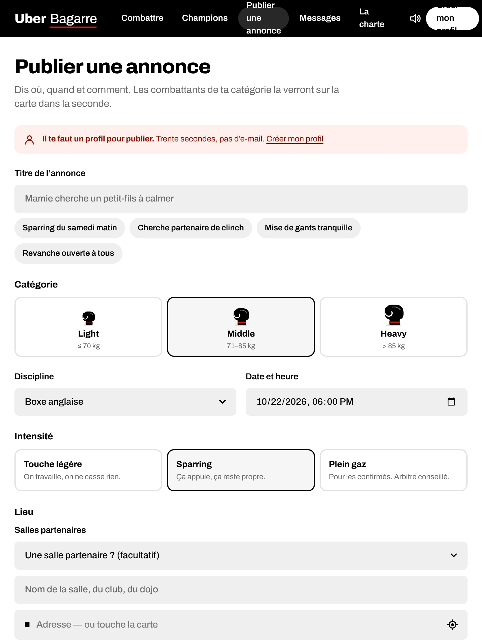 Uber Bagarre — Publier une annonce (tablette)