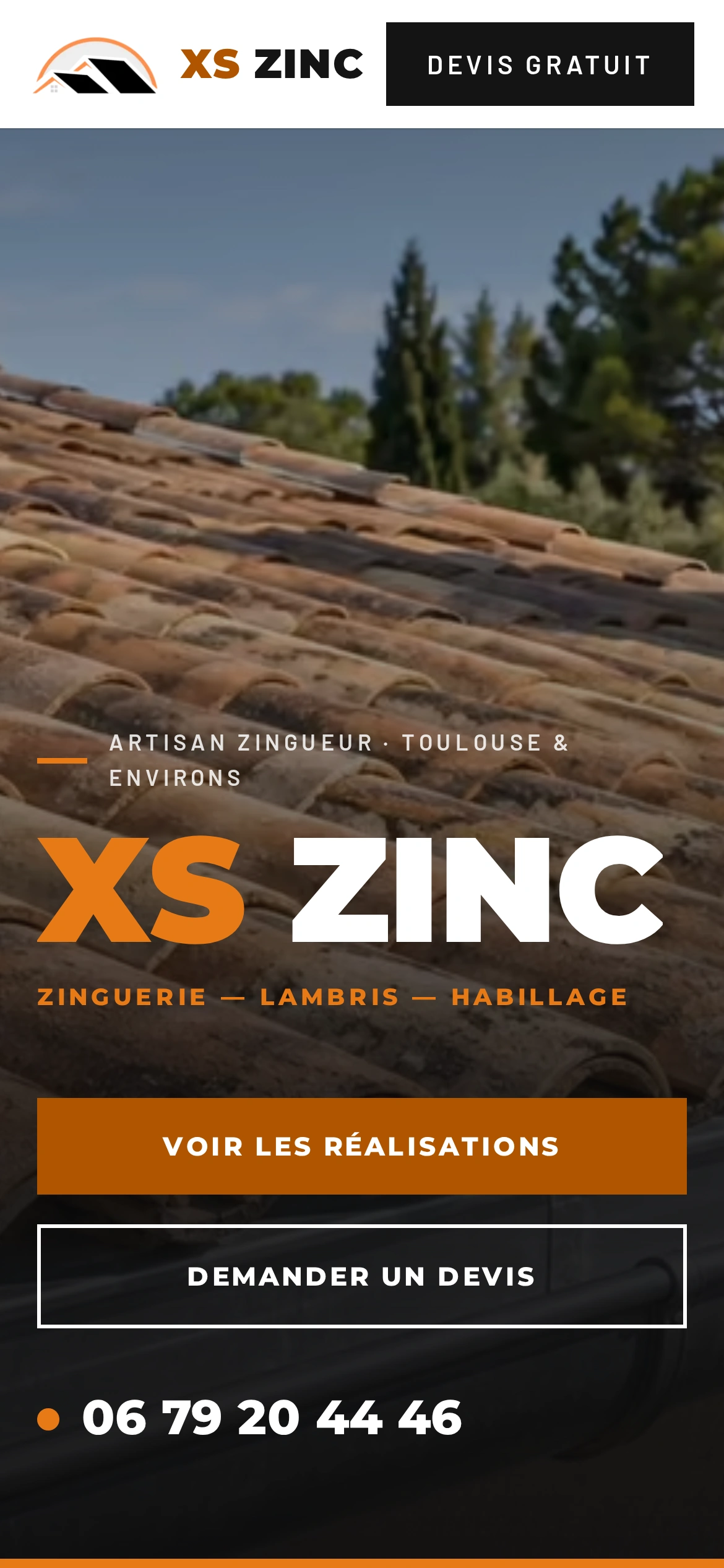 XS Zinc — Haut de la page d'accueil (téléphone)