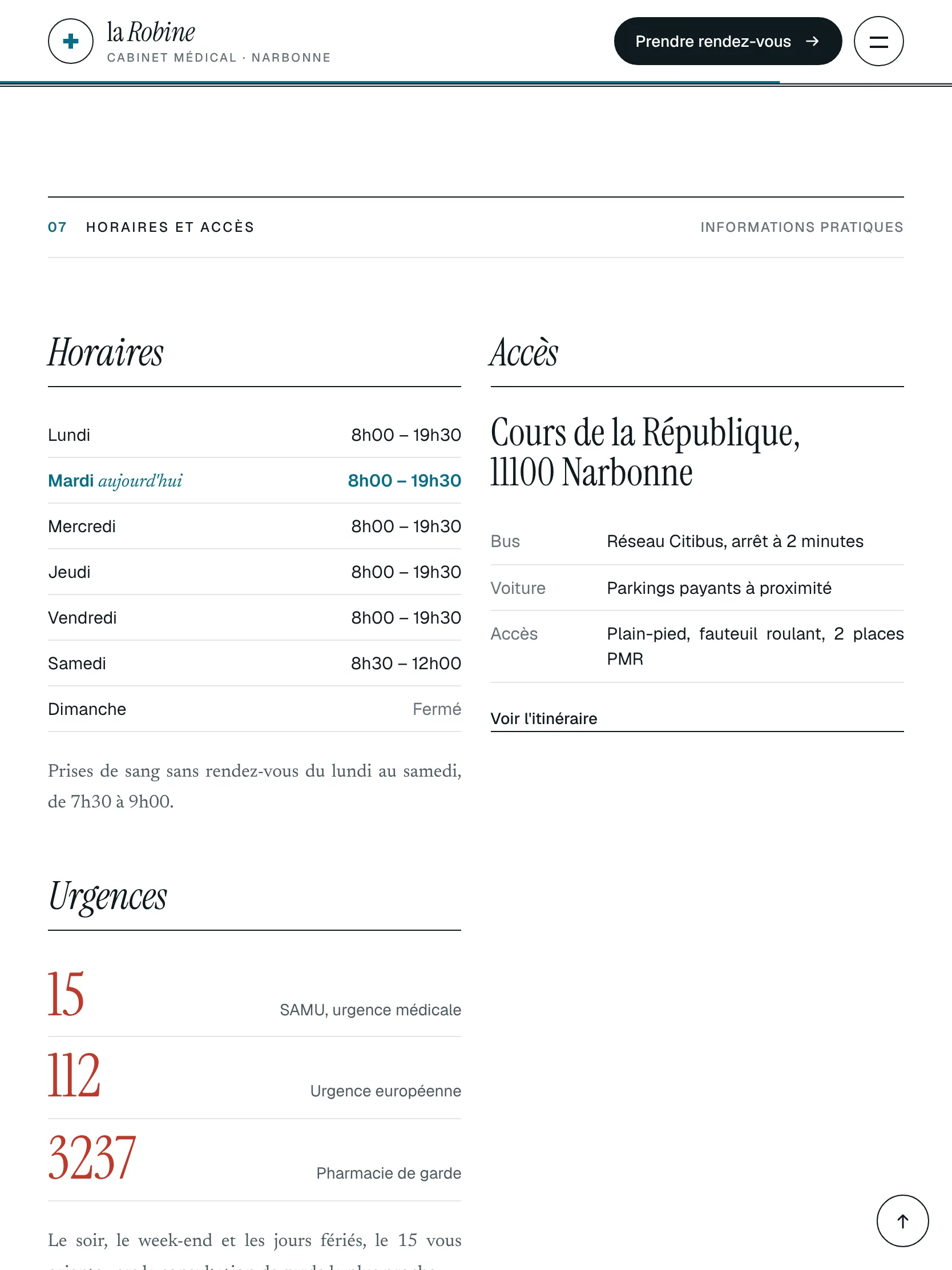 Cabinet de la Robine — Horaires et accès (tablette)