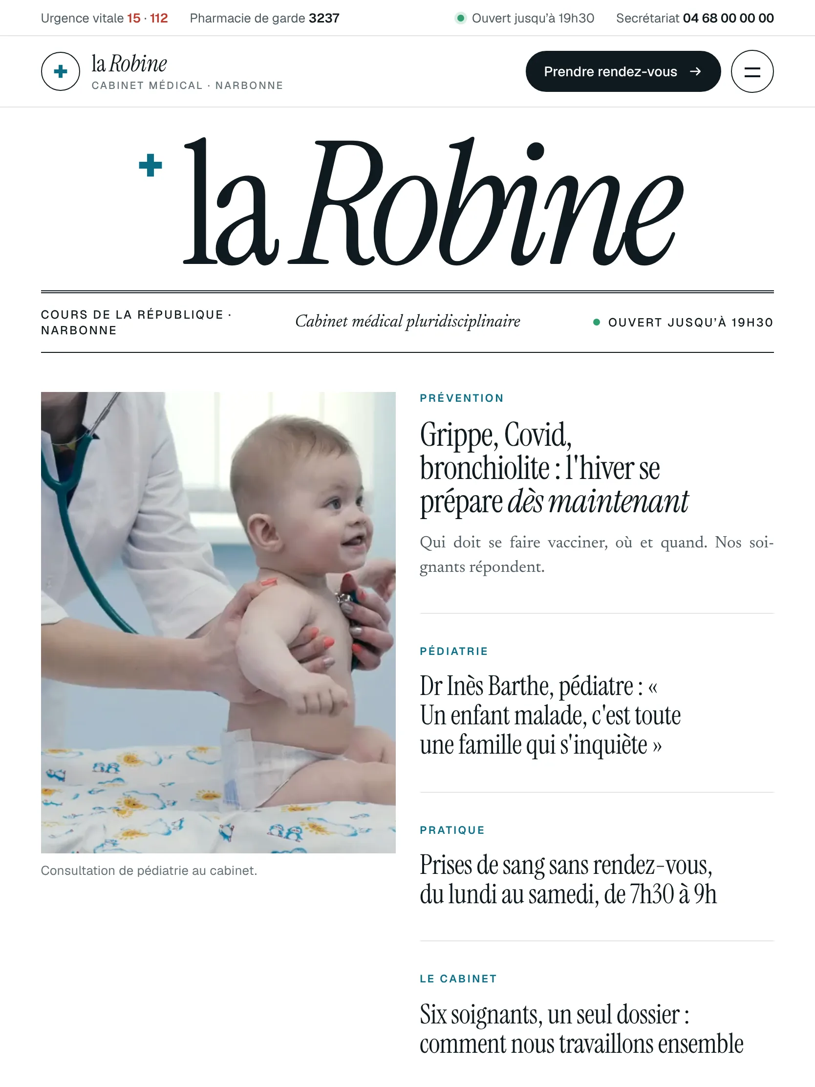 Cabinet de la Robine — Haut de la page d’accueil (tablette)