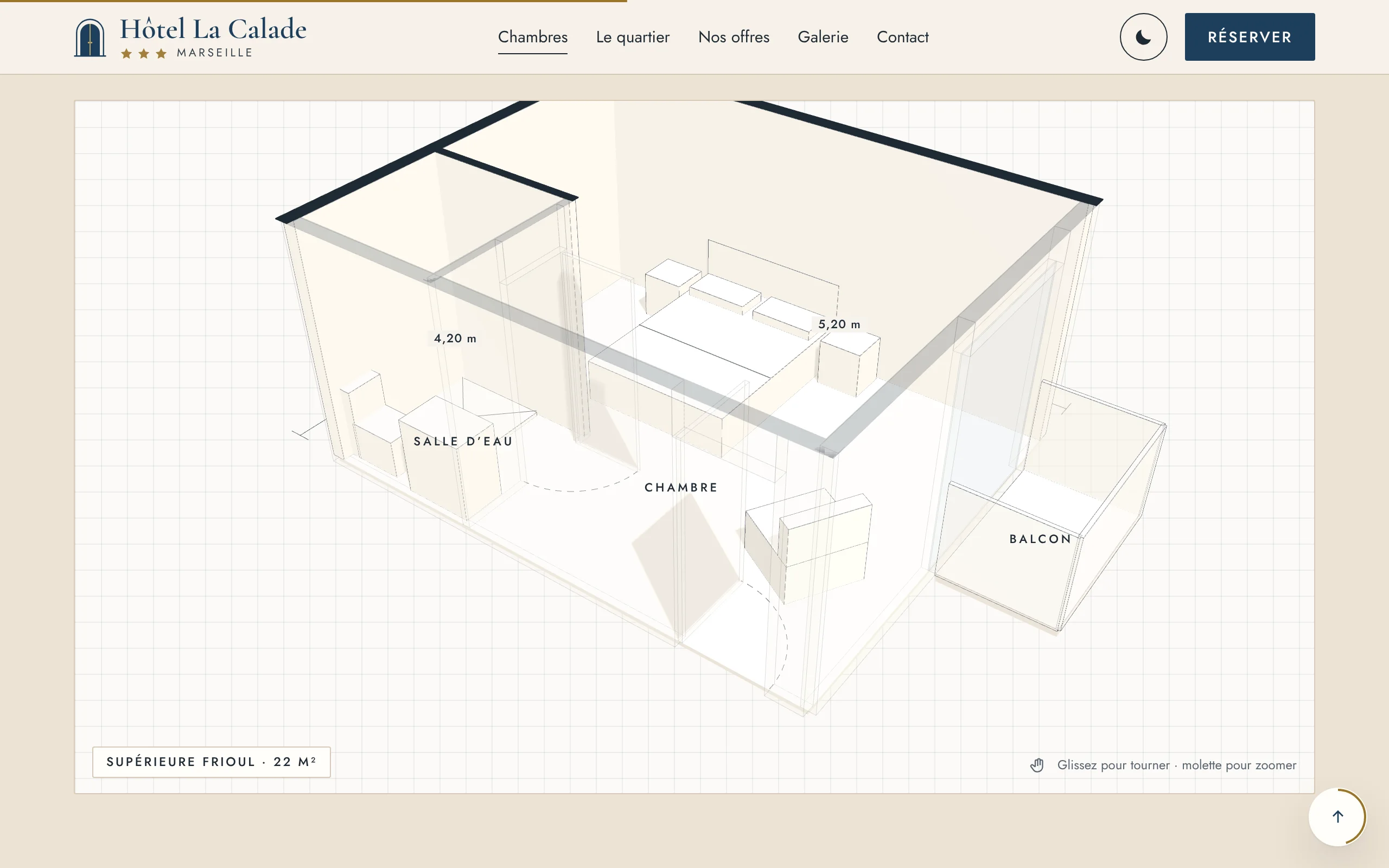 Hôtel La Calade — Le plan 3D de la chambre (écran)