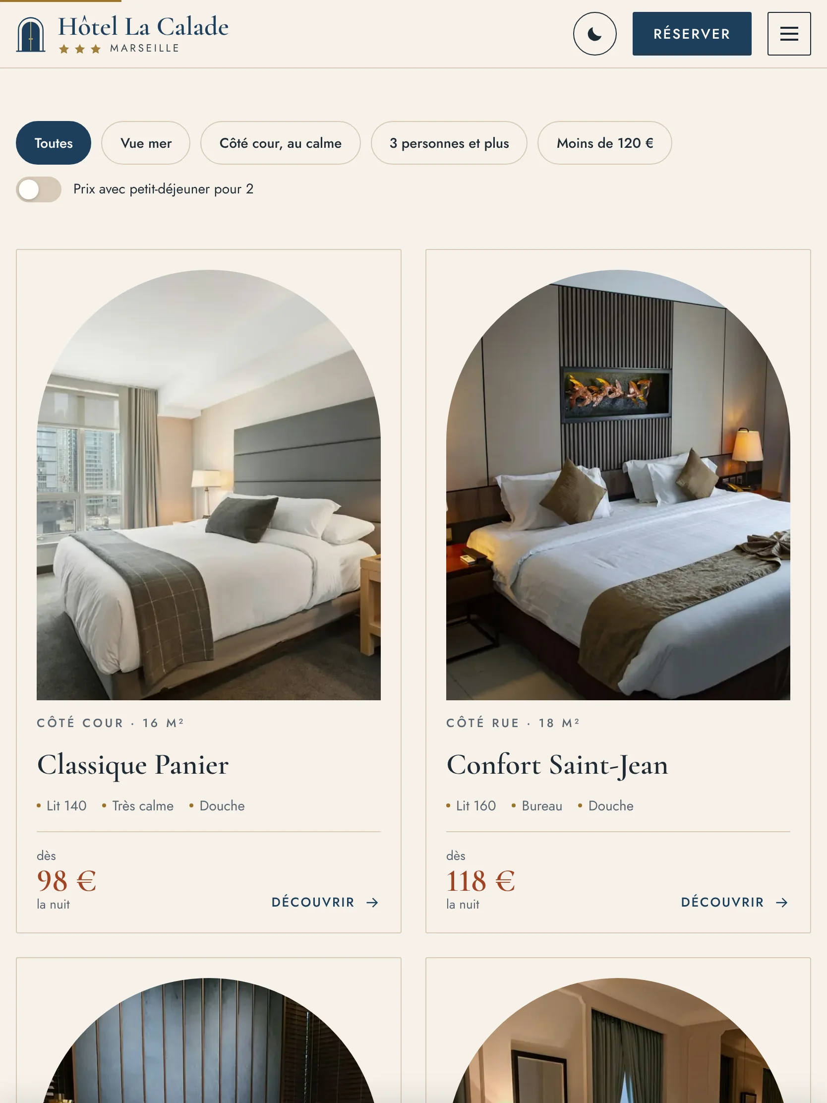 Hôtel La Calade — Les chambres et leurs filtres (tablette)