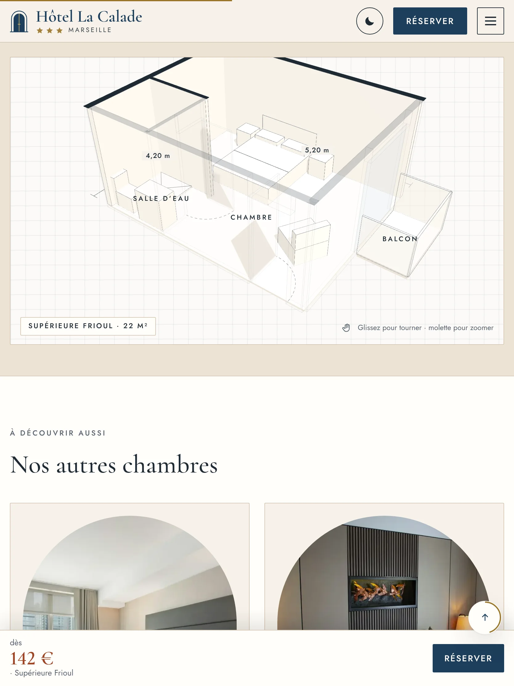 Hôtel La Calade — Le plan 3D de la chambre (tablette)