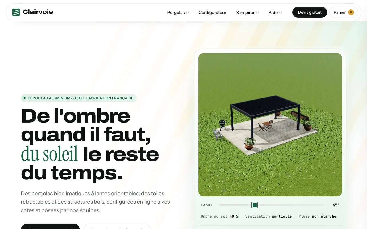 Page d’accueil de Clairvoie : la pergola bioclimatique en 3D et ses lames réglables