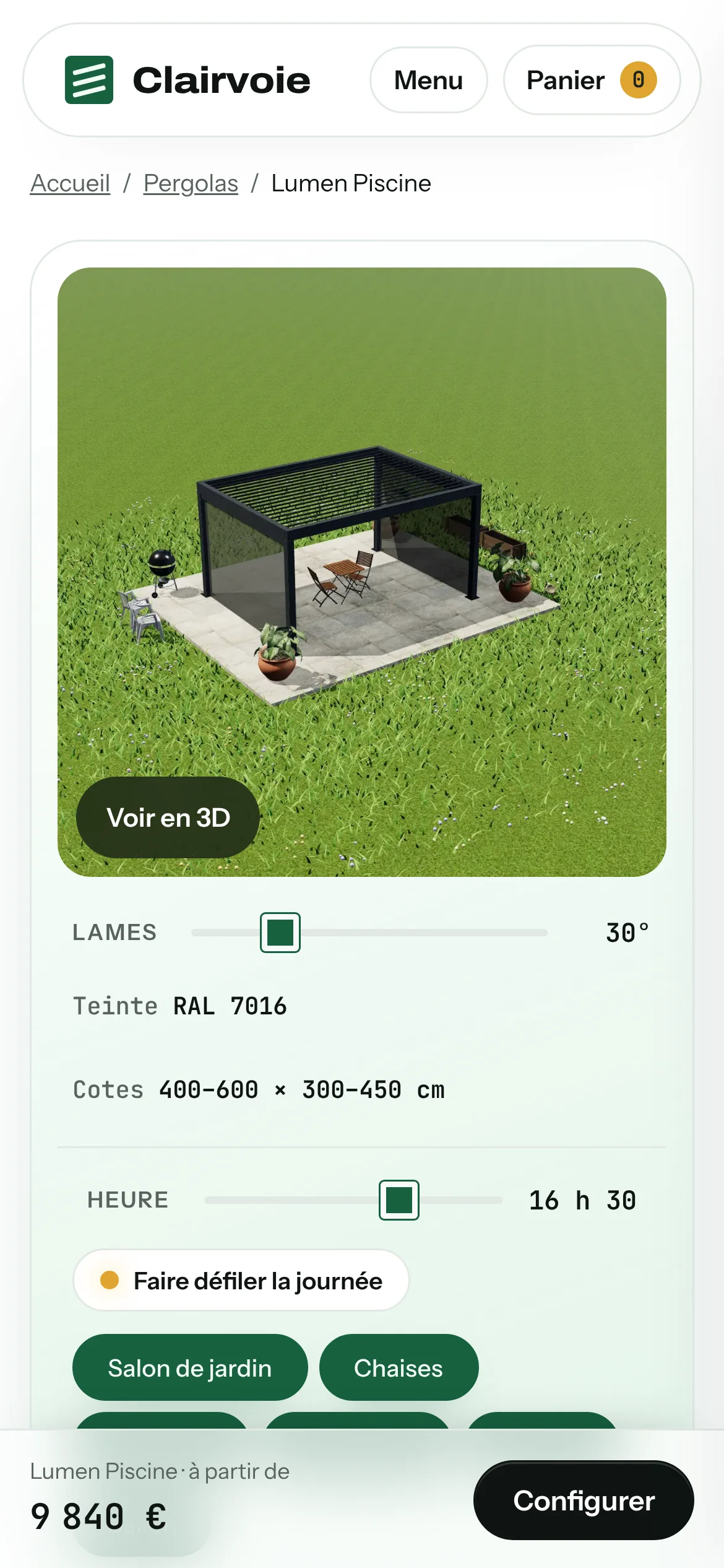 Clairvoie — La fiche d’un modèle et sa vue 3D (téléphone)