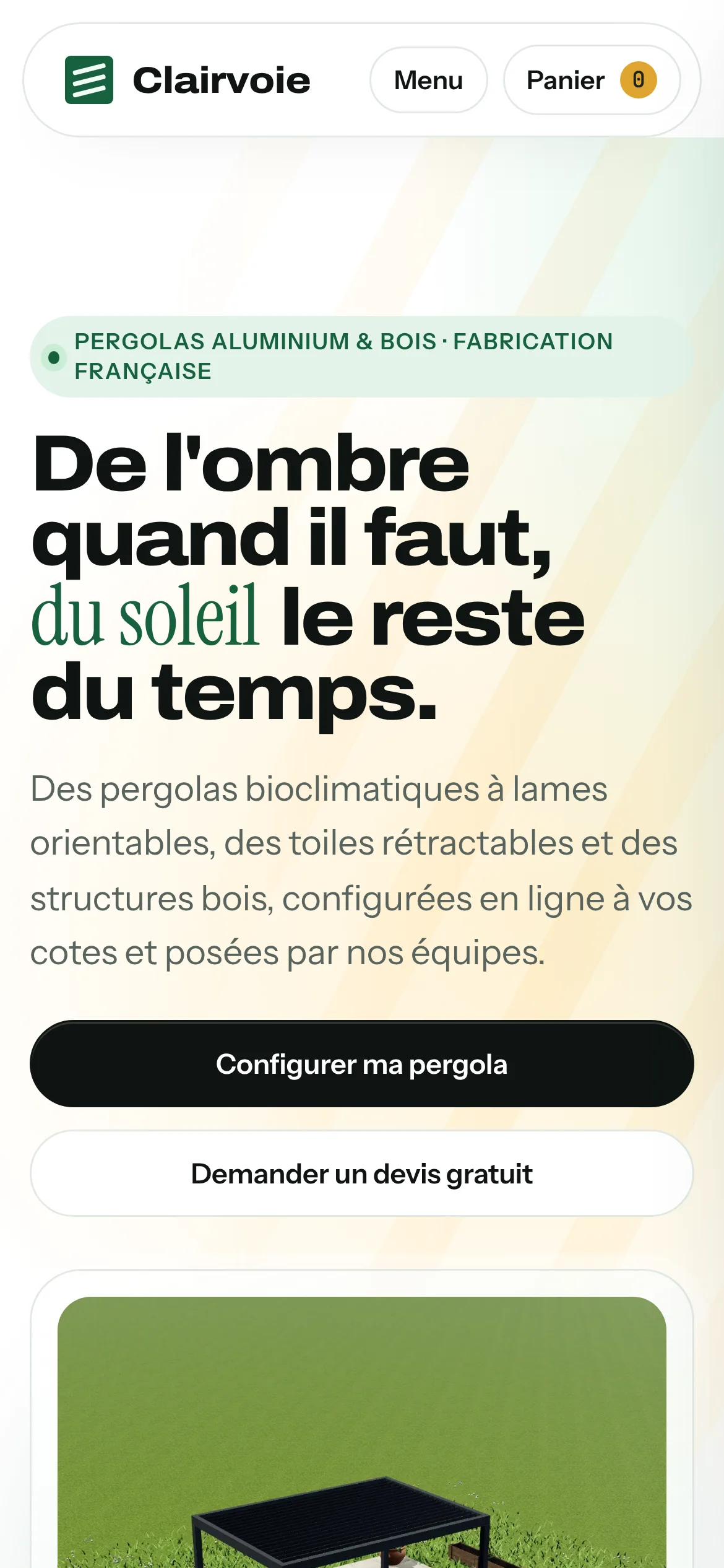 Clairvoie — Haut de la page d’accueil : la pergola en 3D (téléphone)