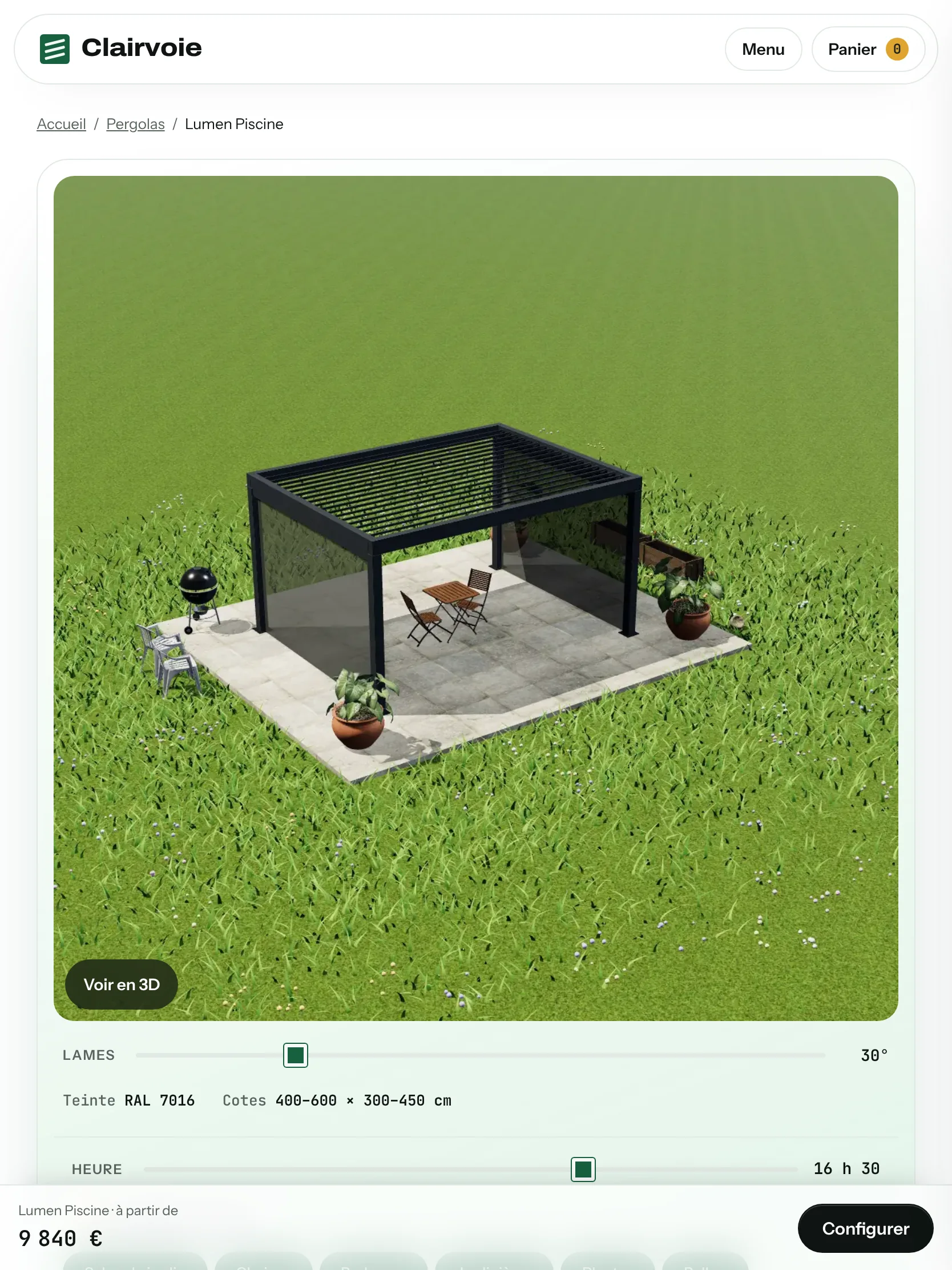 Clairvoie — La fiche d’un modèle et sa vue 3D (tablette)