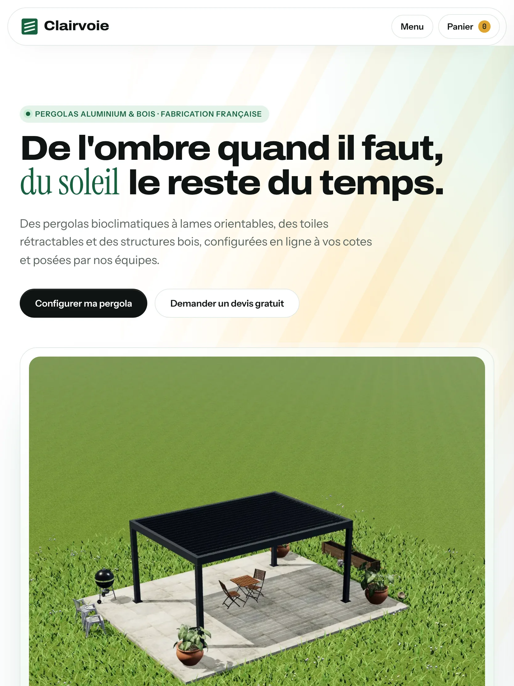 Clairvoie — Haut de la page d’accueil : la pergola en 3D (tablette)