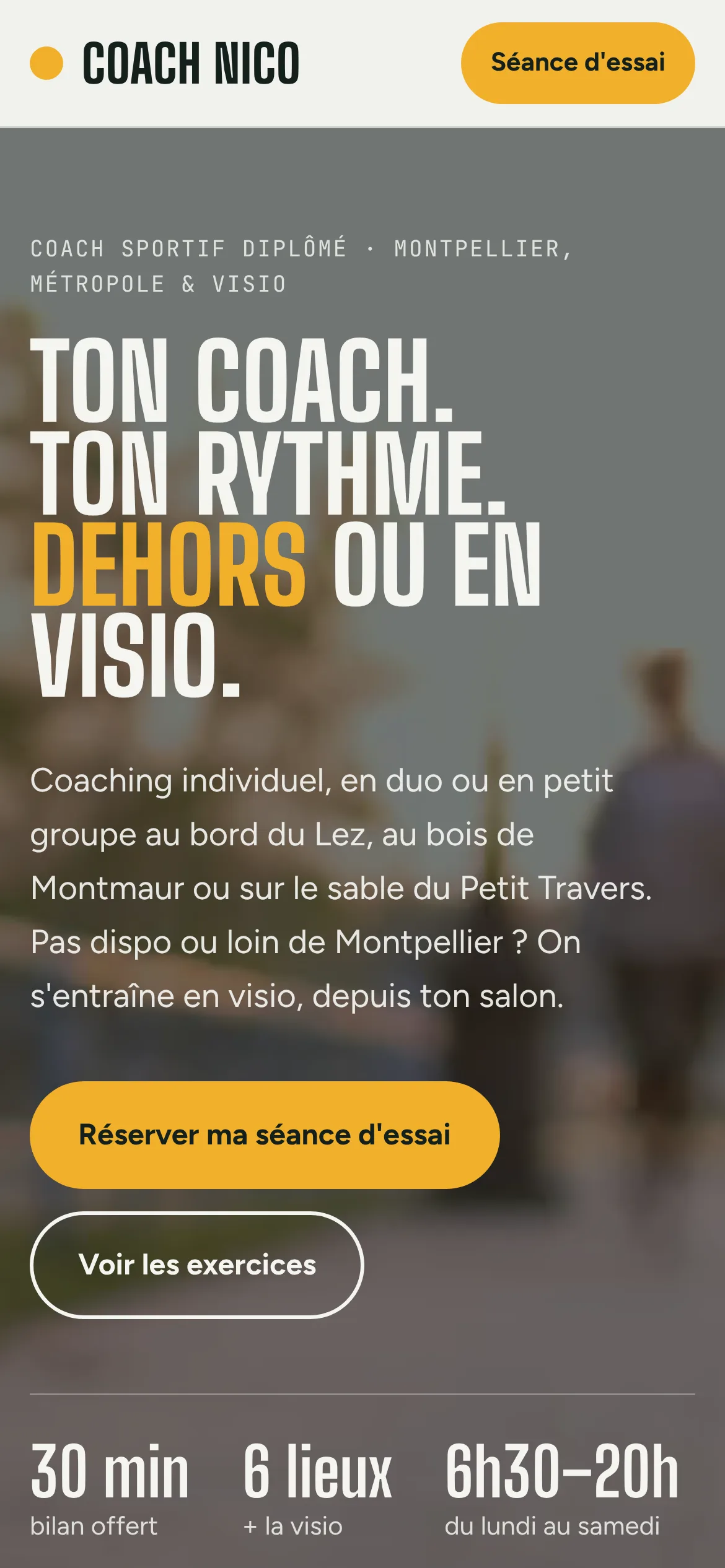 Coach Nico — Haut de la page d’accueil (téléphone)