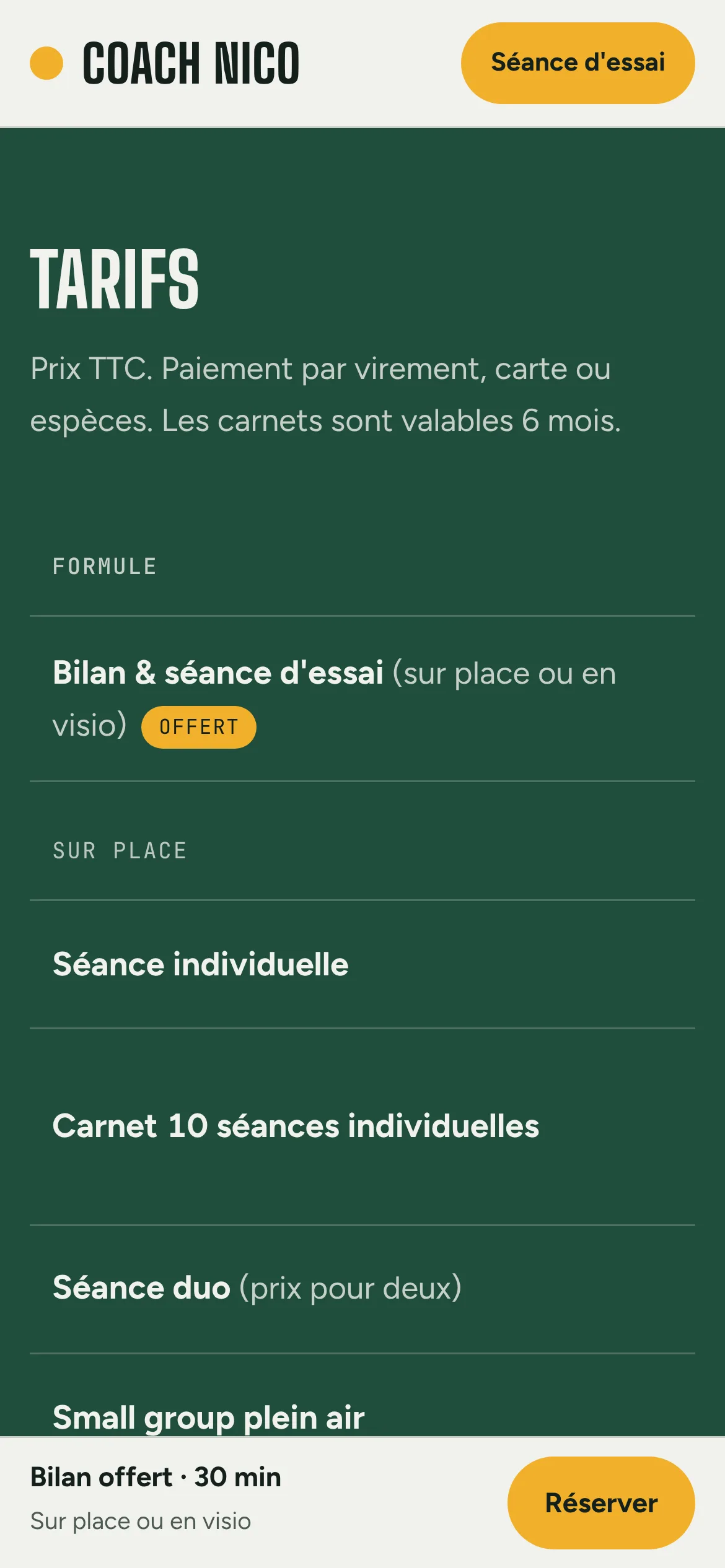 Coach Nico — Les tarifs (téléphone)