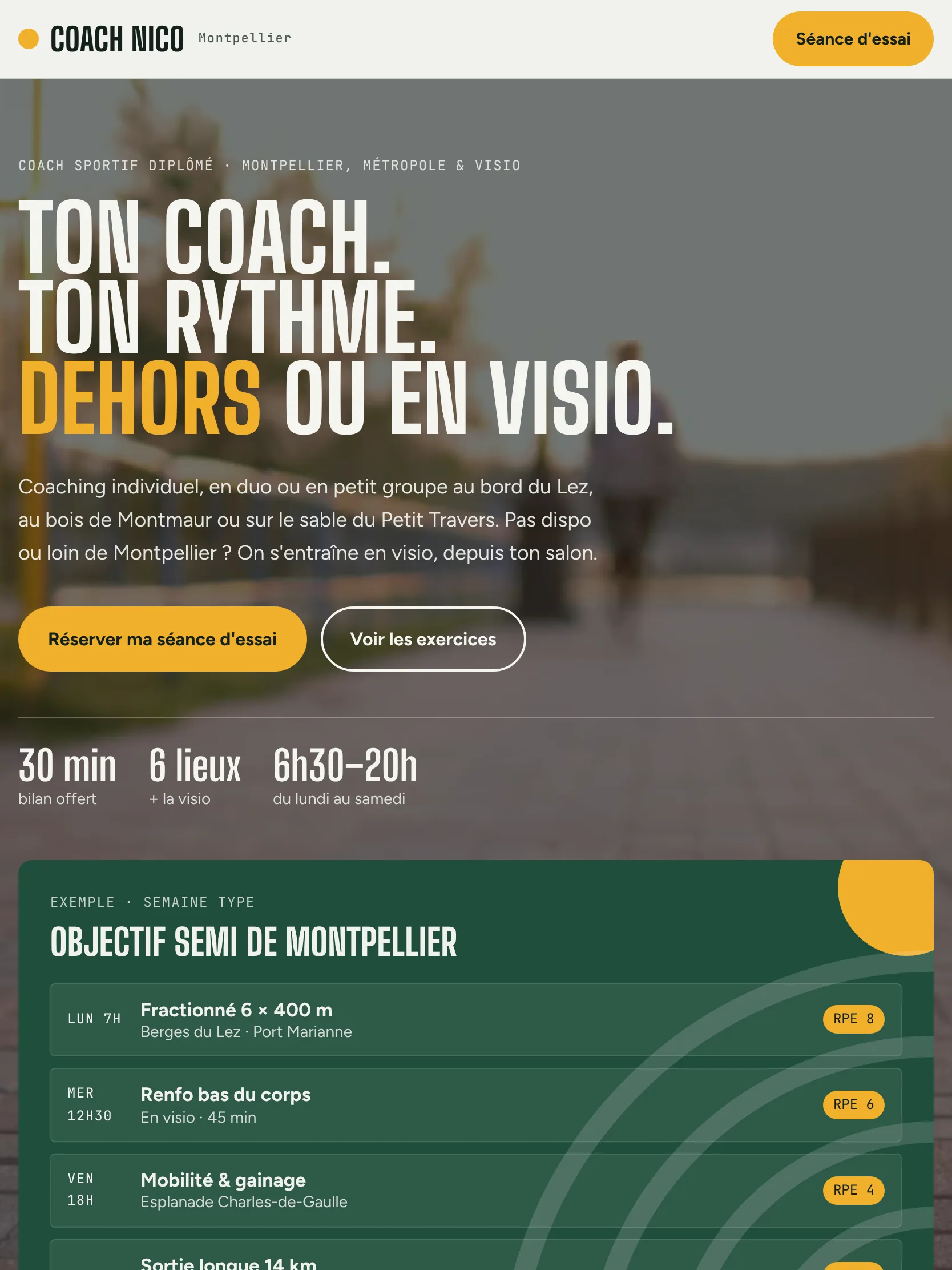 Coach Nico — Haut de la page d’accueil (tablette)
