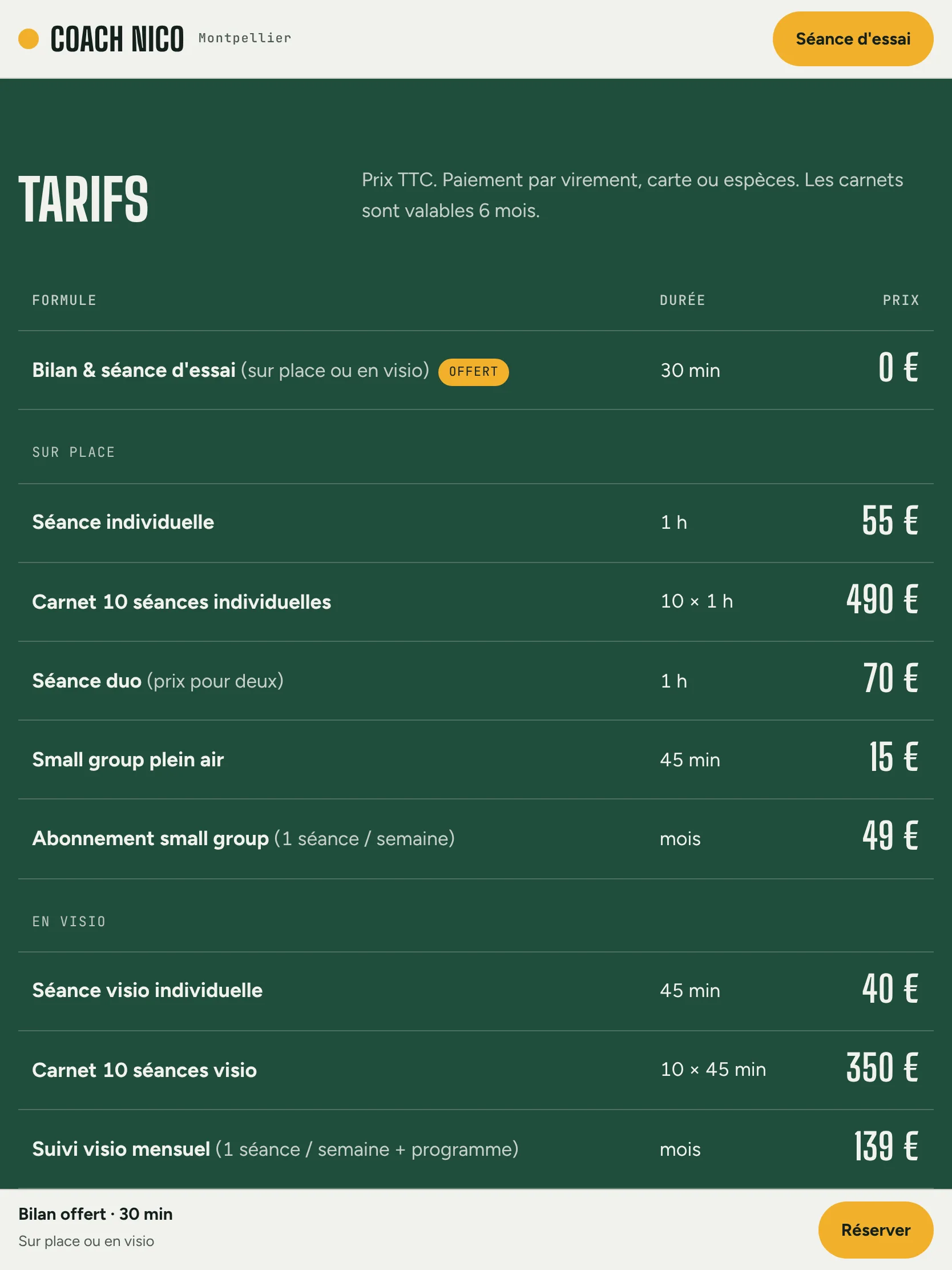 Coach Nico — Les tarifs (tablette)
