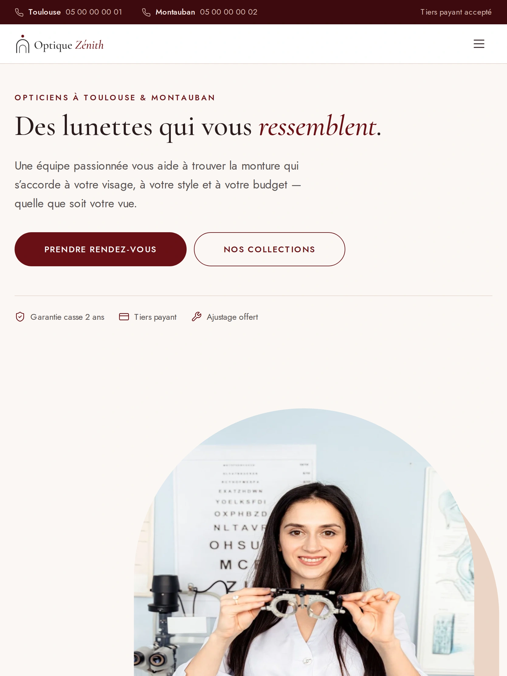 Optique Zénith — Haut de la page d'accueil (tablette)