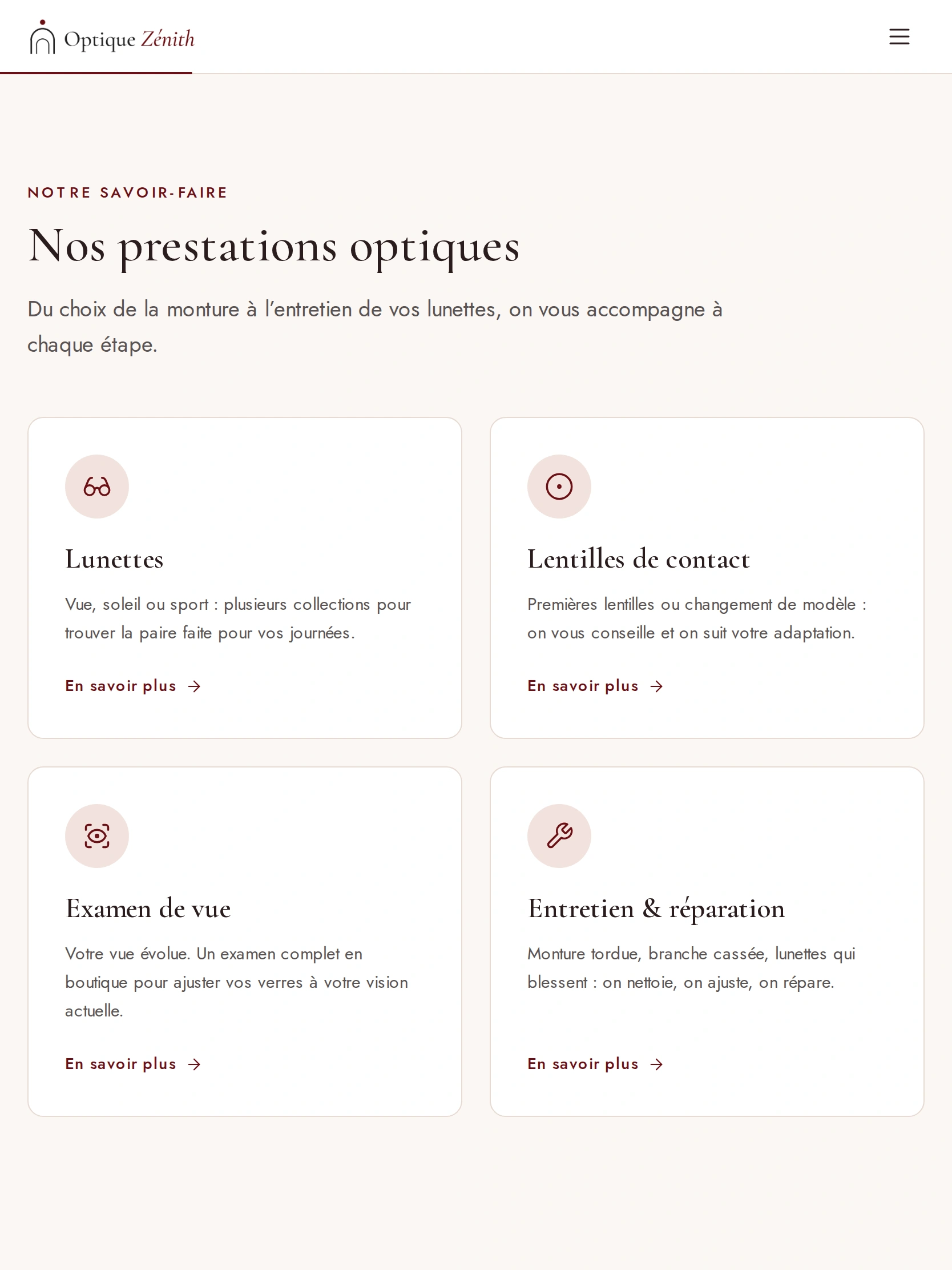 Optique Zénith — Nos prestations optiques (tablette)