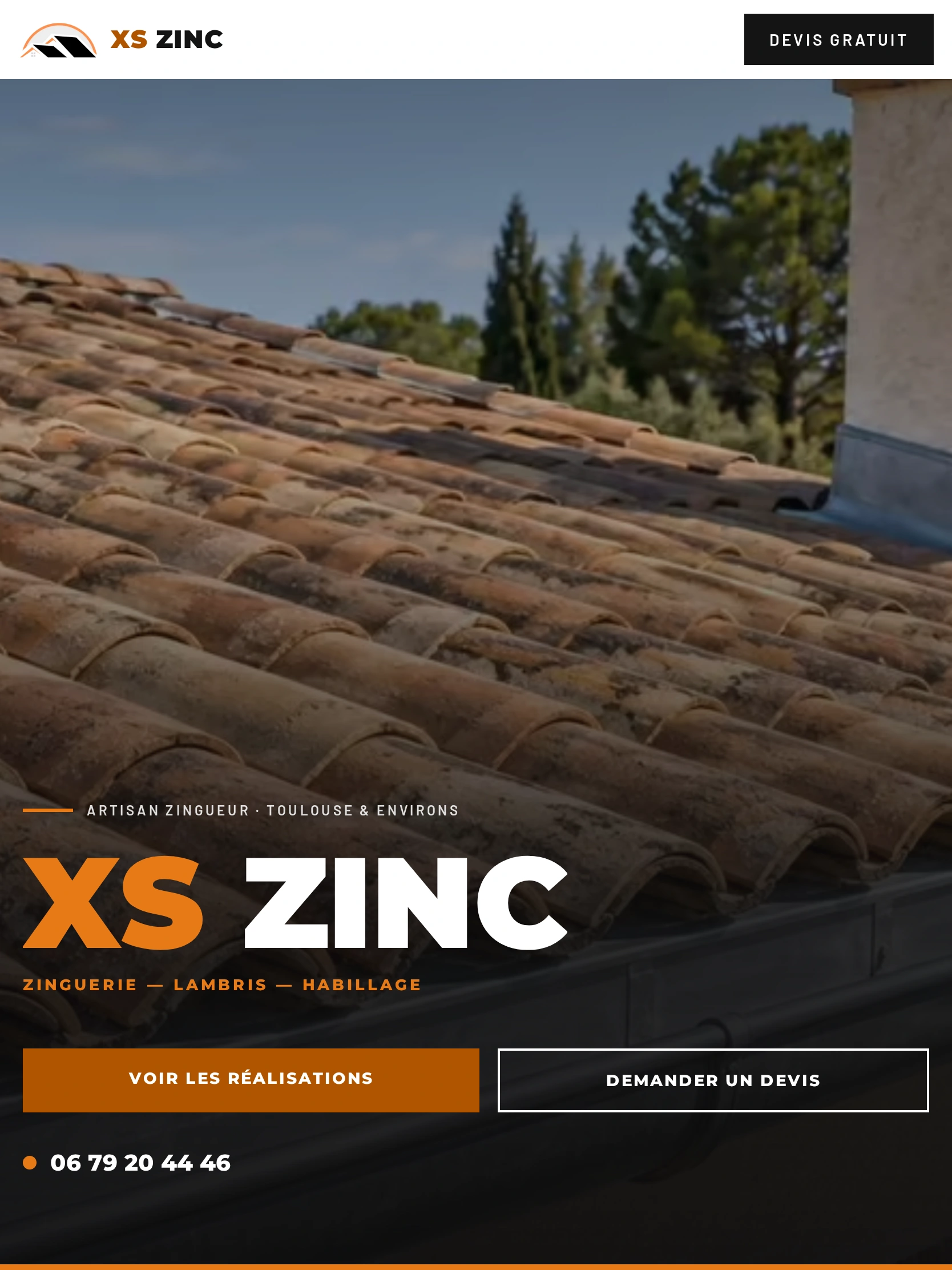 XS Zinc — Haut de la page d'accueil (tablette)