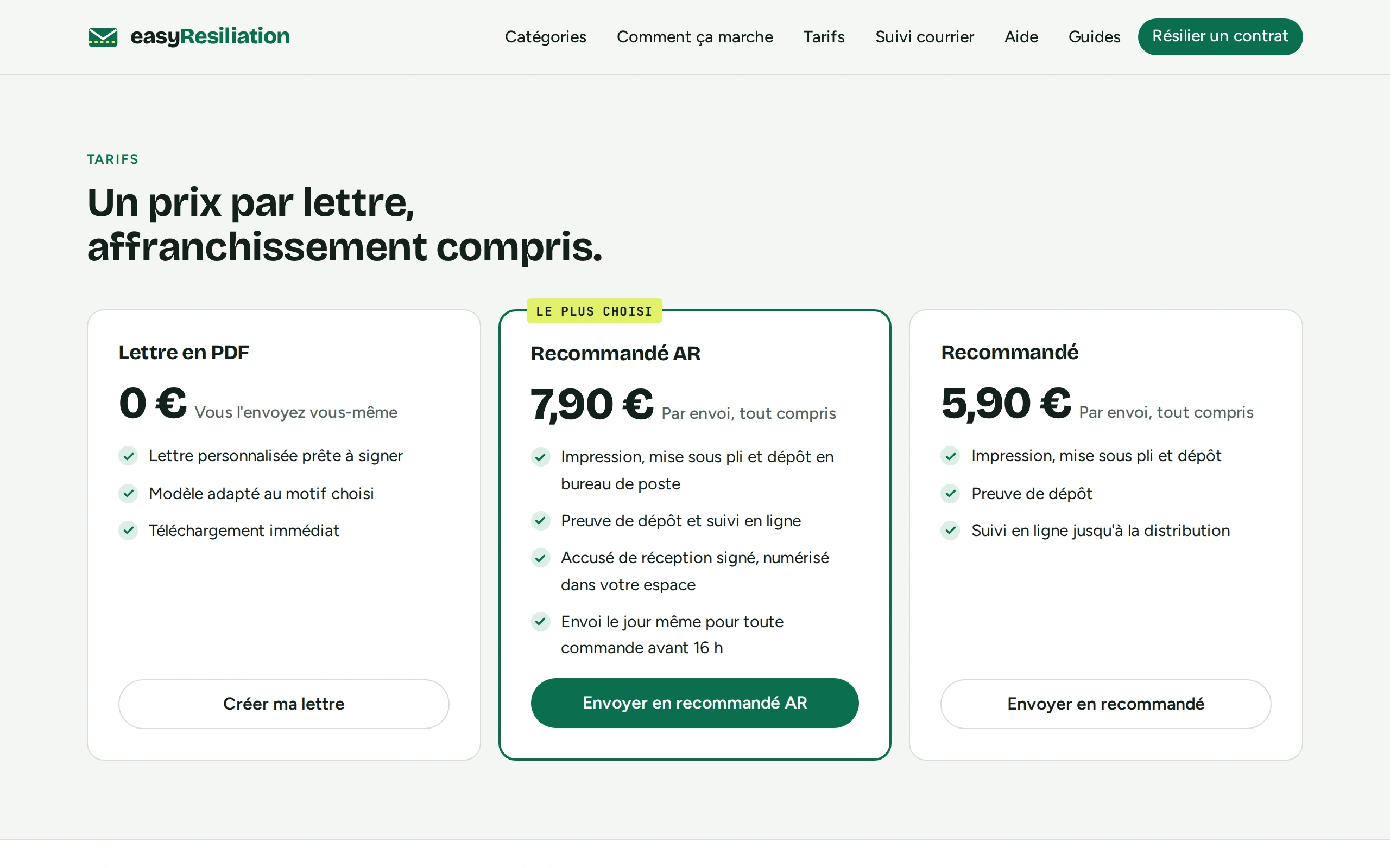 easyResiliation — Un prix par lettre, affranchissement… (écran)