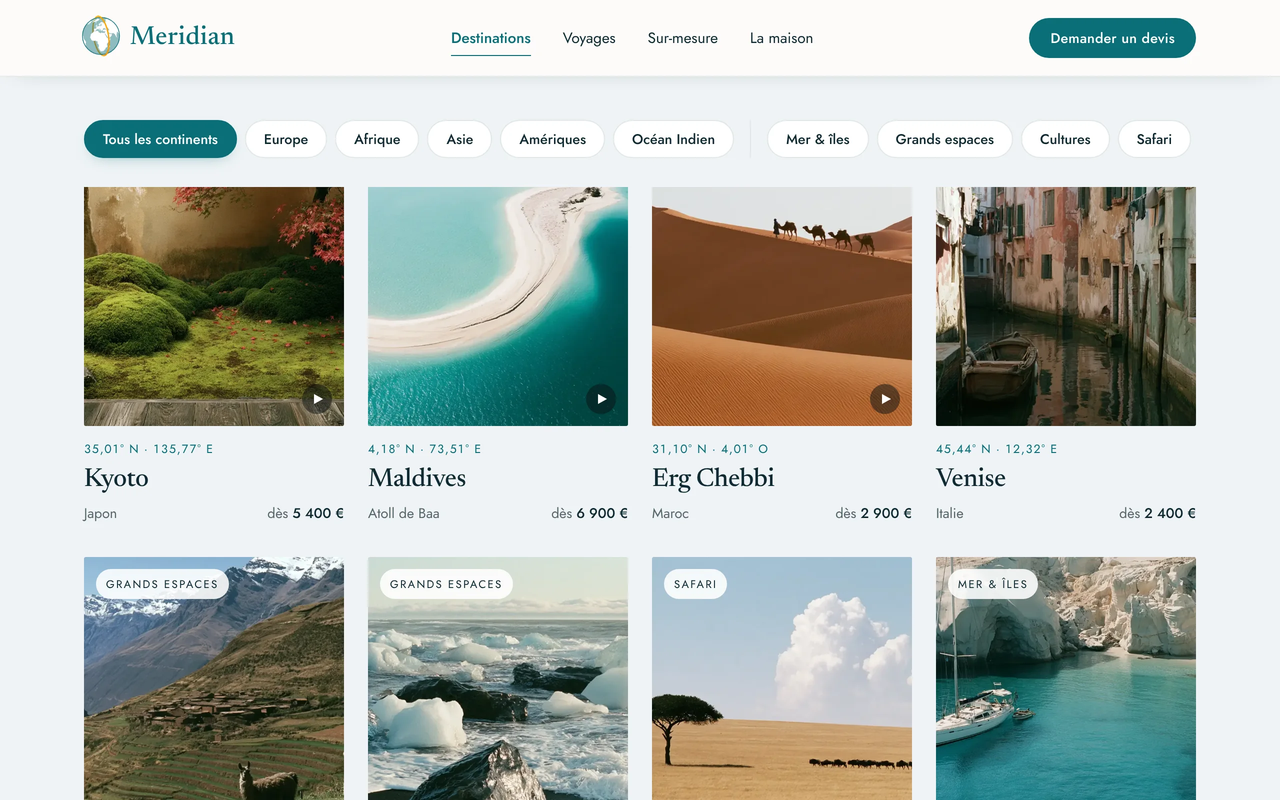 Meridian Voyages — Les douze destinations (écran)