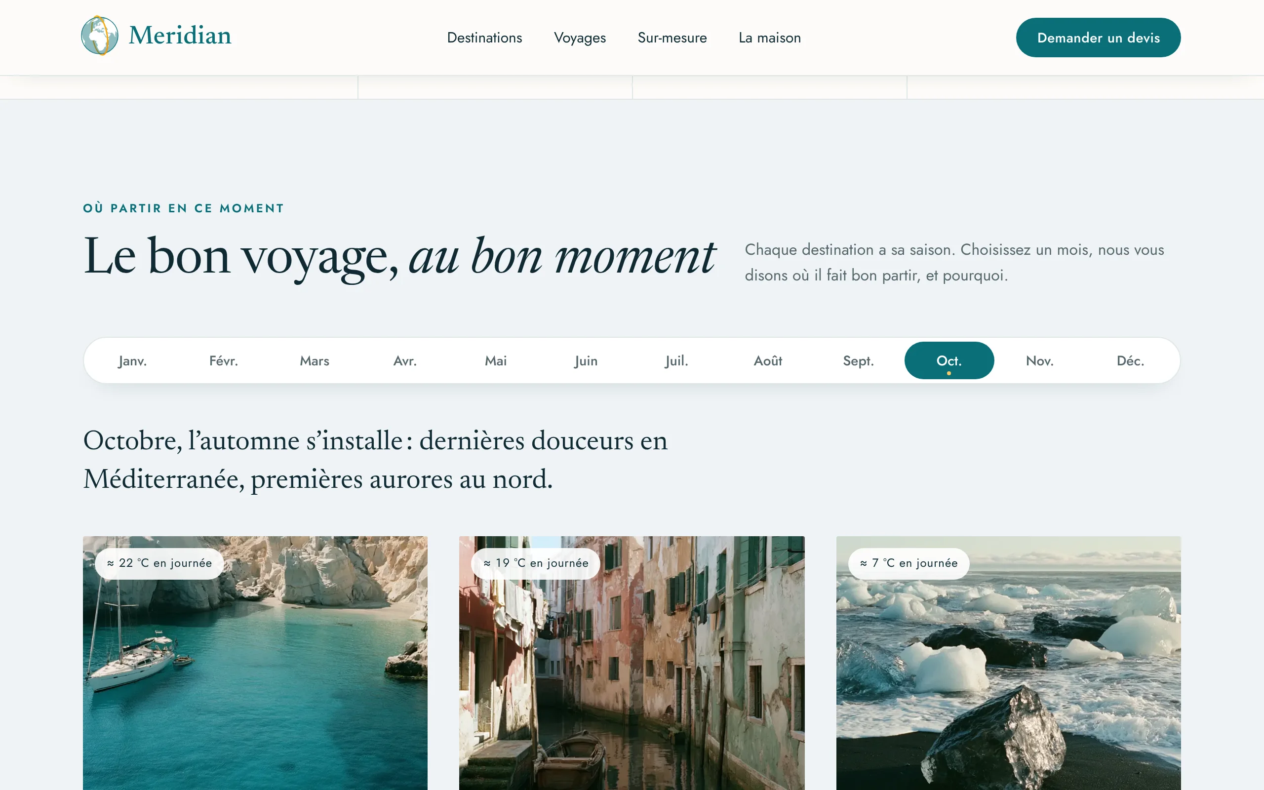 Meridian Voyages — Où partir, mois par mois (écran)